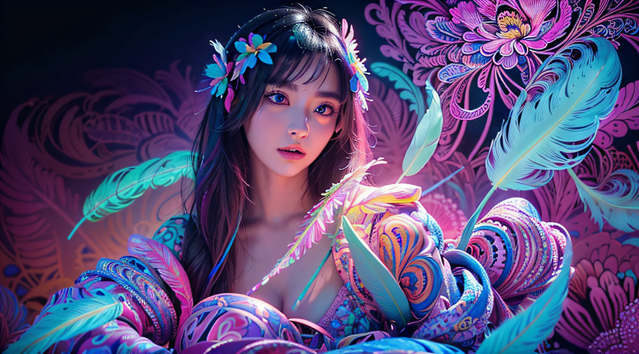 masterpiece, top quality, best quality, official art, beautiful and aesthetic:1.2), (1girl:1.3), extremely detailed,(fractal art:1.1)neon,(colorful:1.1)neon(flowers:1.3)neon,highest detailed,(zentangle:1.2)neon, (dynamic pose), (3D abstract background:1.3) neon, (shiny skin), (many colors:1.4)neon, (feathers:1.5), neonlight