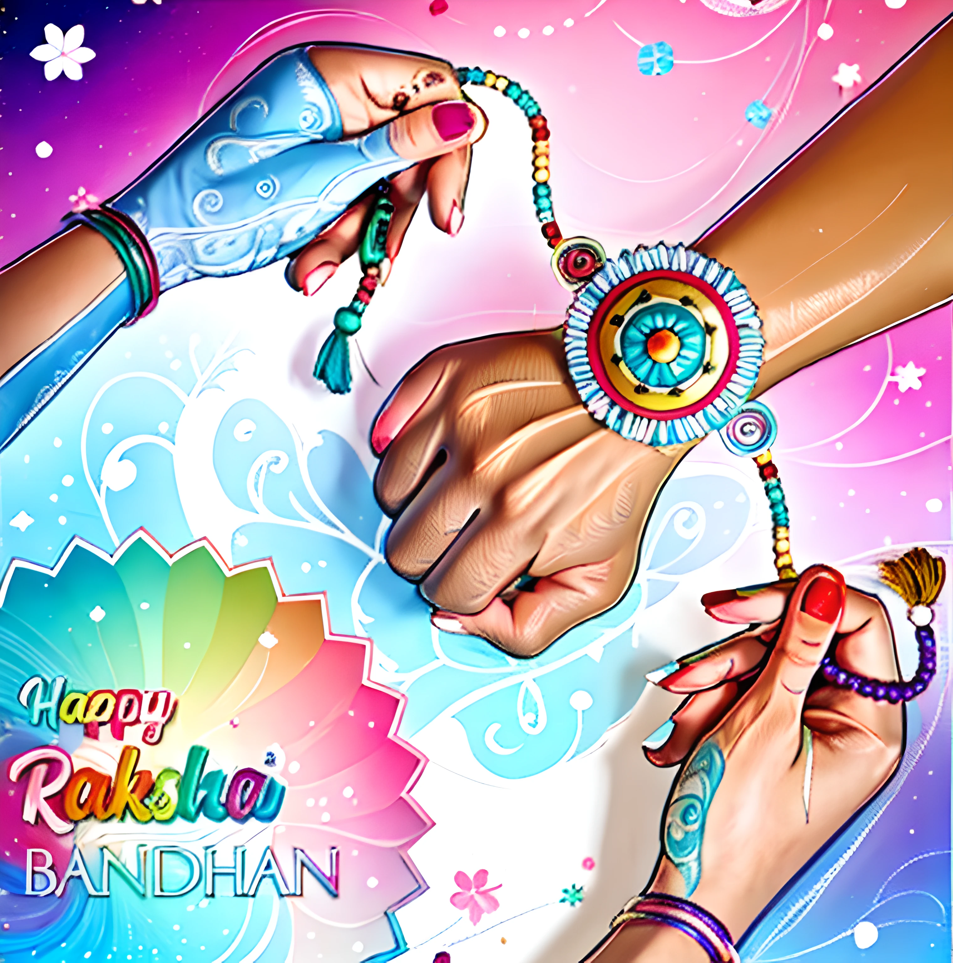 a couple of hands holding a rakhi with a colorful bead, with a pastel background, 1024x1024, hands pressed together in bow, official artwork, handsome stunning realistic, art cover illustration, hand painted cartoon pixer style, happy!!!, holding each other hands, 256x256, realistic , sharpen , clean