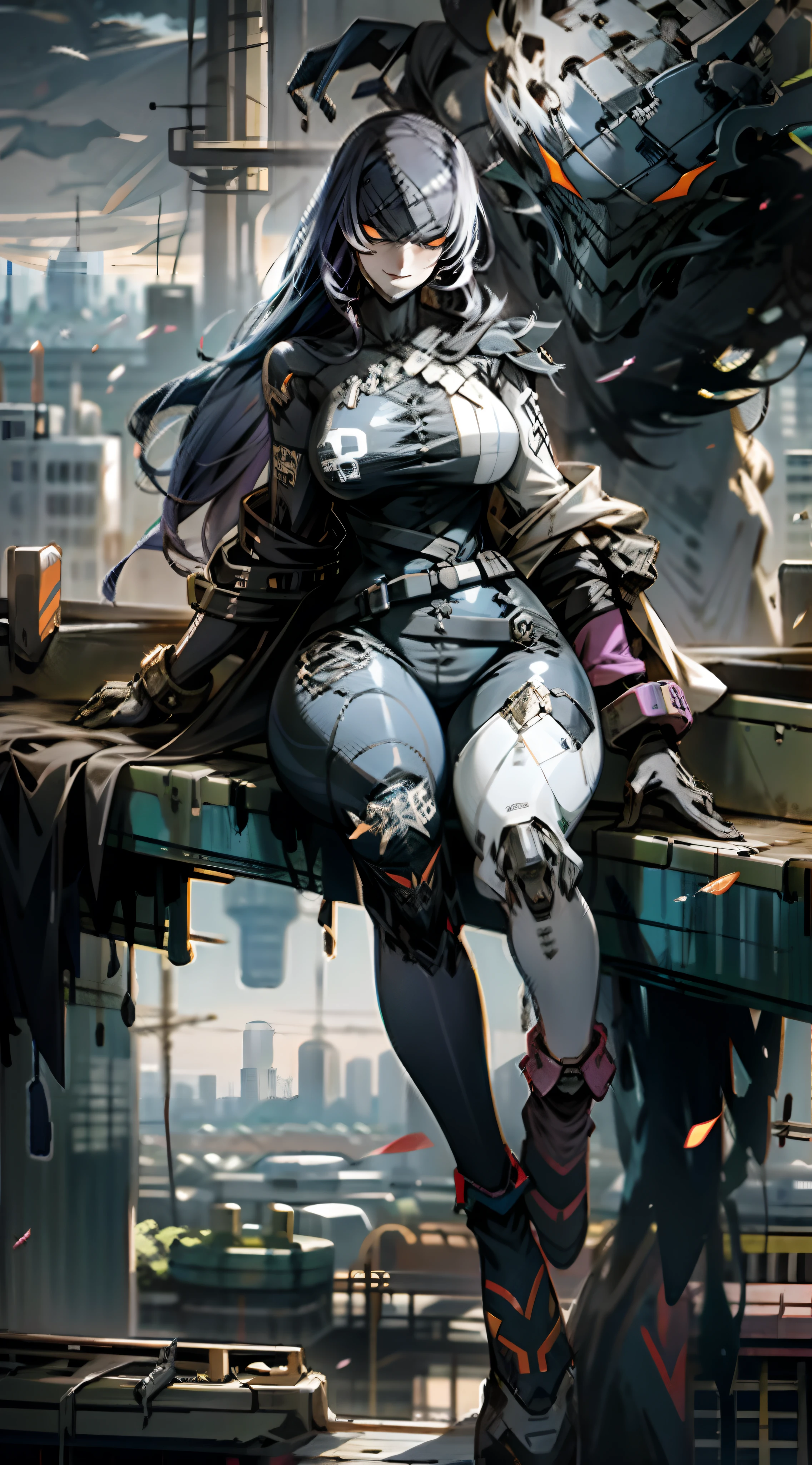 A scantily dressed woman，Thick mech，Lots of detail，Mix and match，metalictexture，urban backdrop，Combat damage mech，Above the city，looking over city，Punch，Evil smile，Huge breasts，Large amounts of colored liquid，flying into the sky，Full body like， woman，Flame it up，Casual pose，sitting down，Sitting on the steps