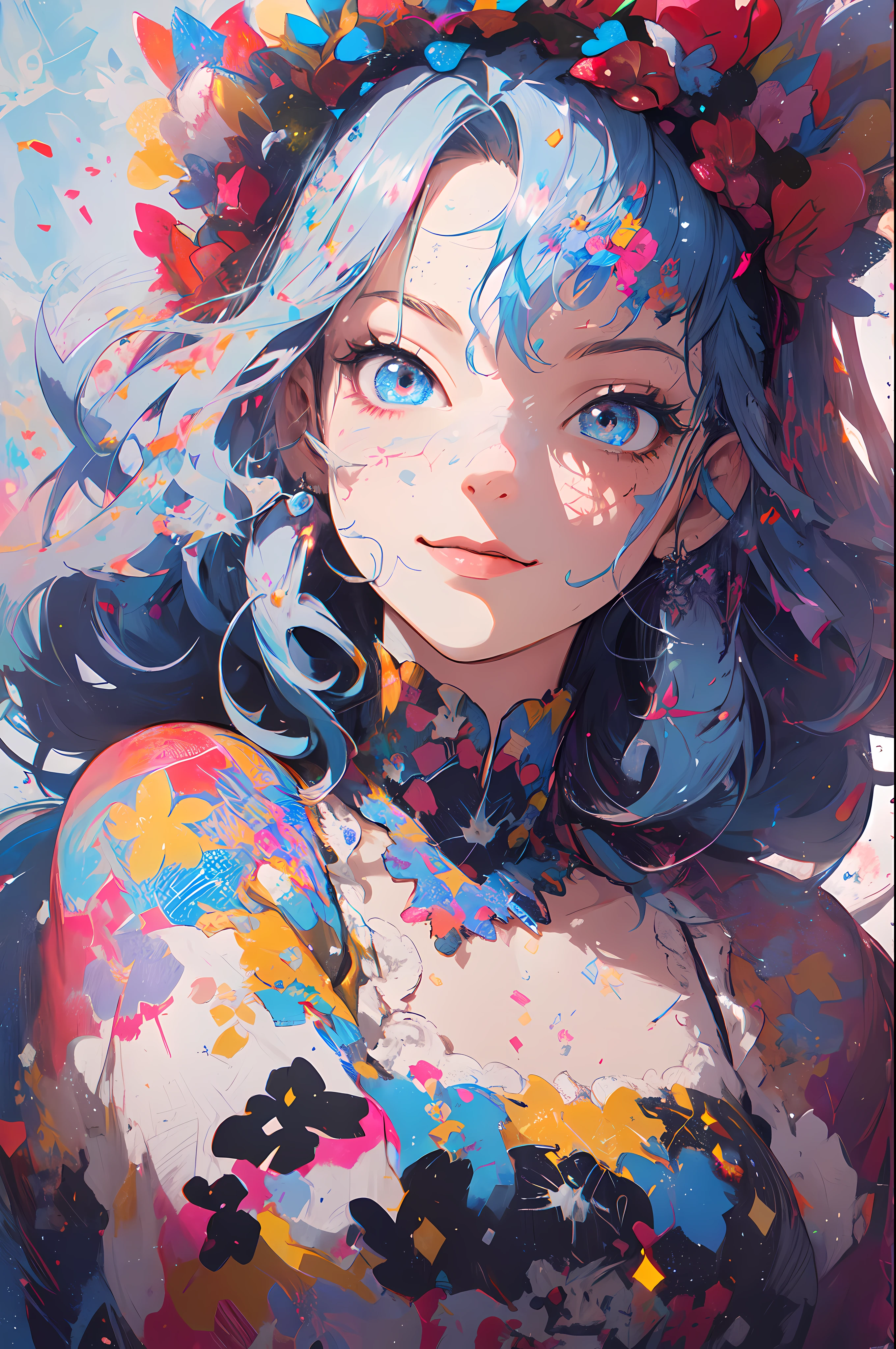 ((flowercrown)),Contemporary art created by tracing traces of colorful ink、​masterpiece、ultra-detailliert、pop-art、innocent smiles、eye glass、(1 girl, Solo:1.6),(Cute smile), (Best Impact:1.5), (maximalism:1.7), Vivid contrast, (Realistic), hyperrealistic illustrations, hight resolution, ultra-detailliert, absurderes,(Fractal Art:1.3)、One Piece Appearance、Random hairstyle、Random hair color colorful、FULL BODYSHOT、Retro、Precise focus、randome pose、cinema4d、Drama