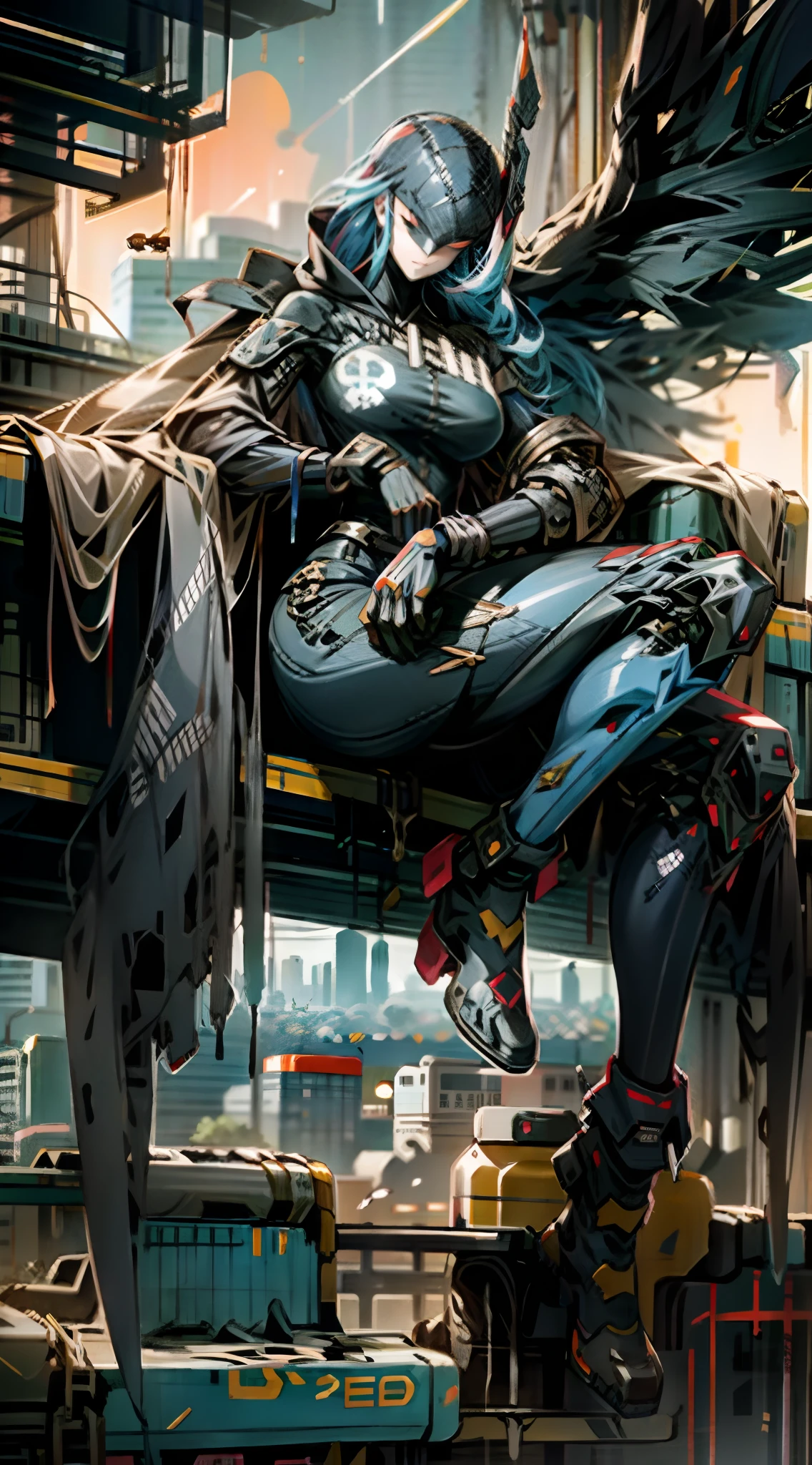 A scantily dressed woman，Thick mech，Lots of detail，Mix and match，metalictexture，urban backdrop，Combat damage mech，Above the city，looking over city，Punch，Evil smile，Huge breasts，Large amounts of colored liquid，flying into the sky，Full body like， woman，Flame it up，Casual pose，Sitting down，Sitting on the steps