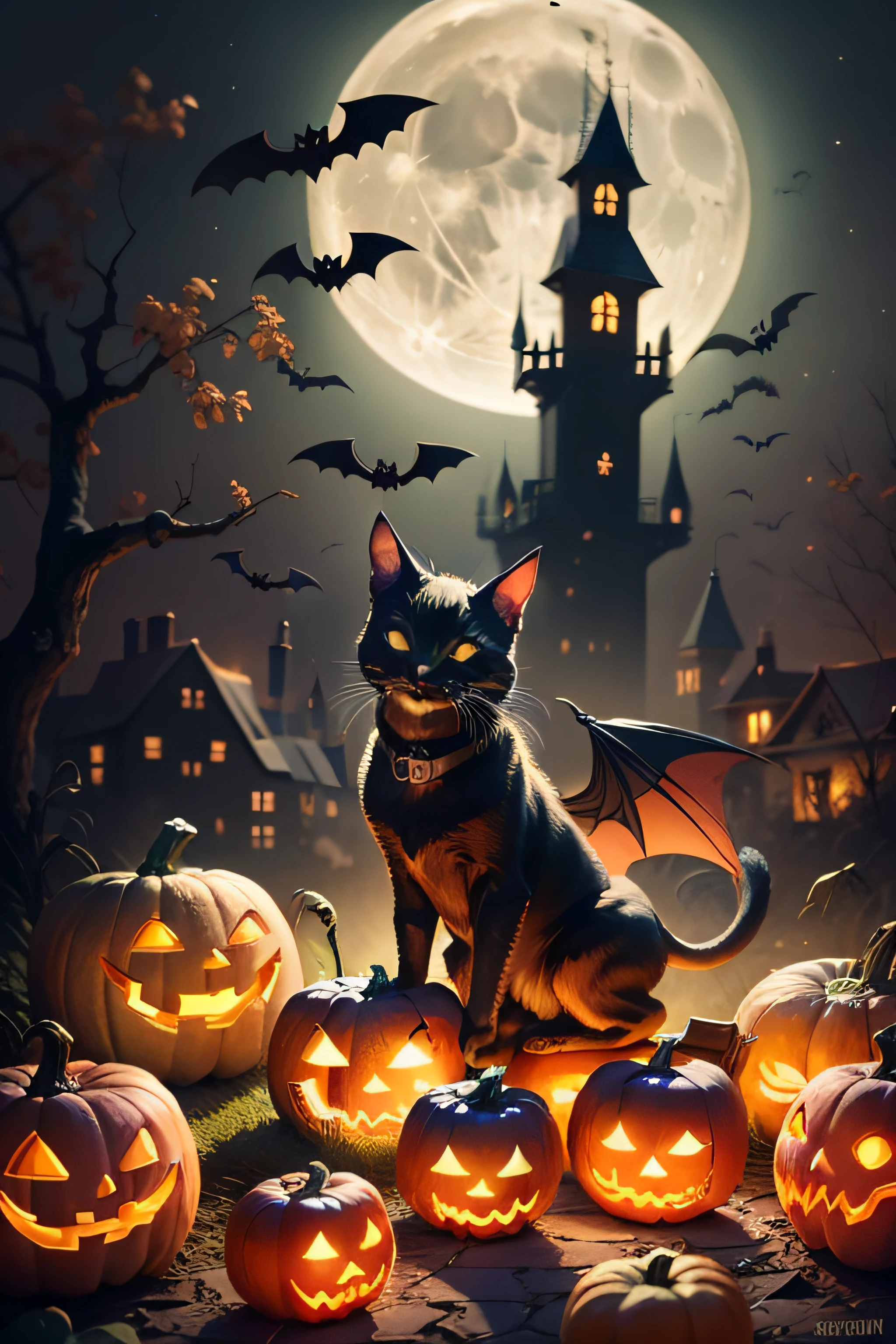 "Halloween theme, spooky atmosphere, eerie lighting, haunted house, jack-o'-lanterns, creepy costumes, bats flying, full moon in the sky, trick-or-treating, ghostly figures, mysterious shadows, witch's brew, pumpkin patch, candy corn, black cats."