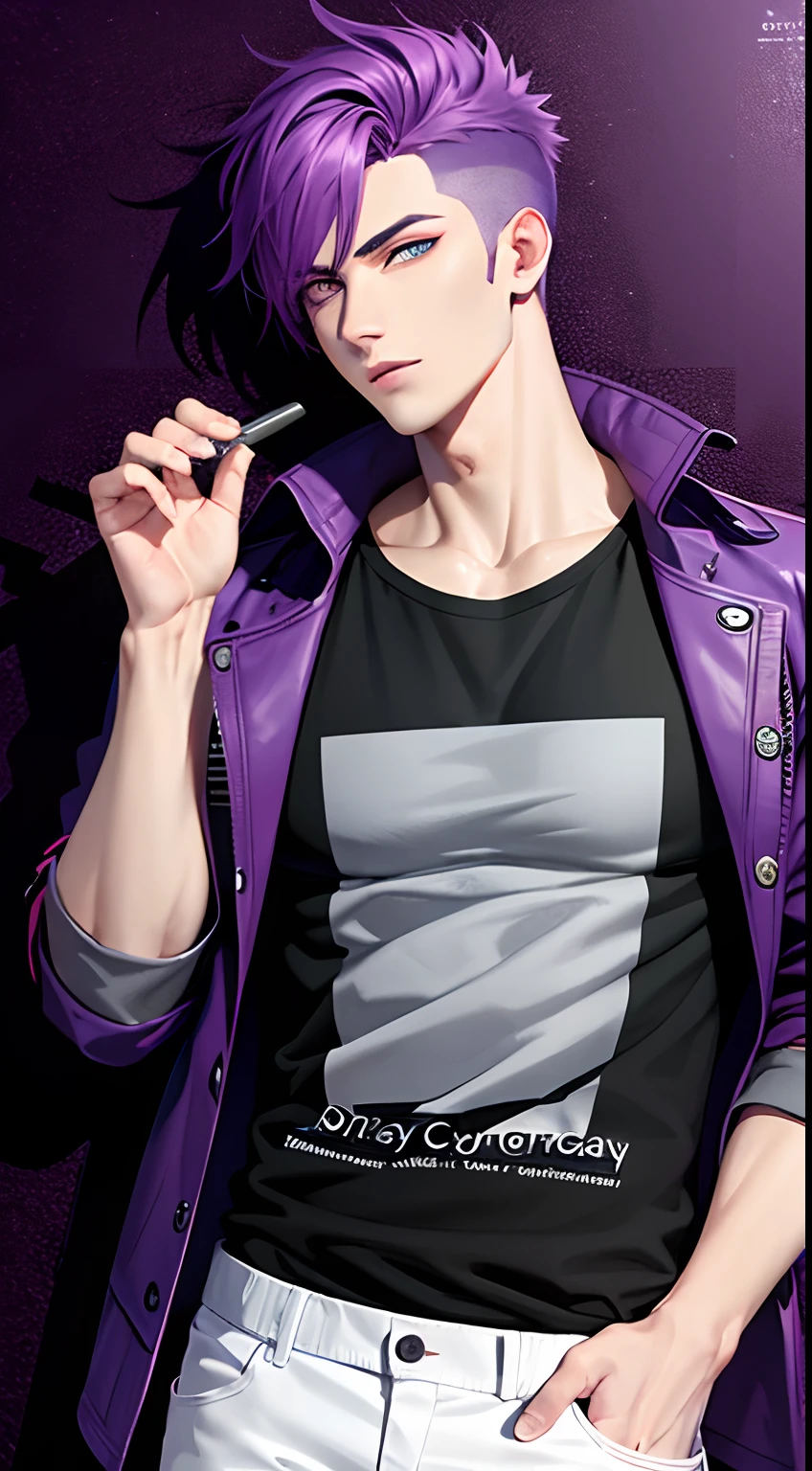 colorful,highest detailed, adult Male with purple hair, blind eyes, handsome, casual clothes, beautiful serious eyes, gangster, with many scars