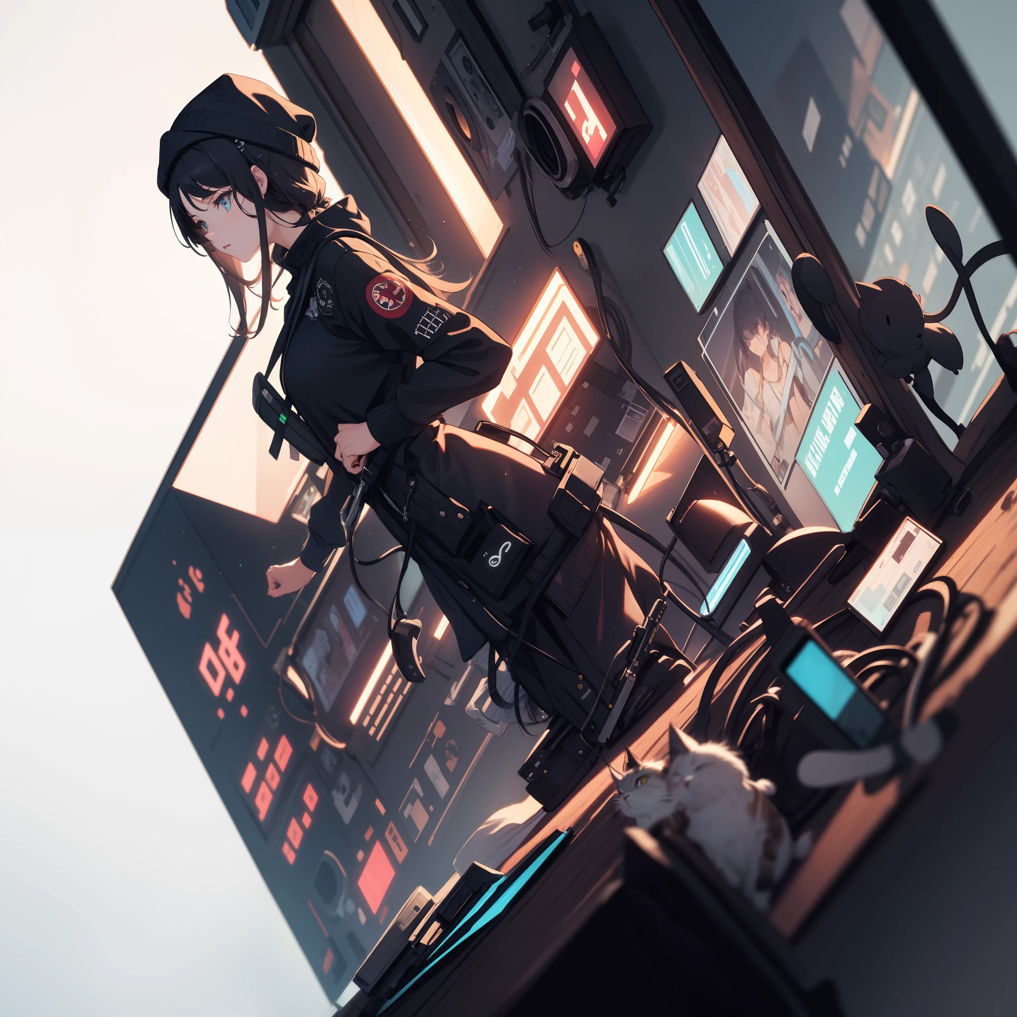 cyberpunked:1.6,Cyber City:1.8,Hi-Tech:1.5,High-tech townscape:1.8,Blowing in the wind:1.8,Wearing a knitted hat:1.8,Relaxing girl,1 girl,solo,There is a cat next to you:1.8,action:1.6,dynamic angle,dutch angle shot,full body shot,medium shot,High-tech room:1.6,Cyberpunk Room:1.8,(8K), (Raw photo: 1.2), (Realism: 1.4), (masutepiece: 1.3), (exquisite detailing: 1.2), Delicate and beautiful details, (Eye Detail), (Facial Detailed), (Highest Quality) :1.4), (Hyper-Resolution: 1.2), cinematric light, (very detailed illustration),Best Quality,depth of fields, Wide light, natural shadows