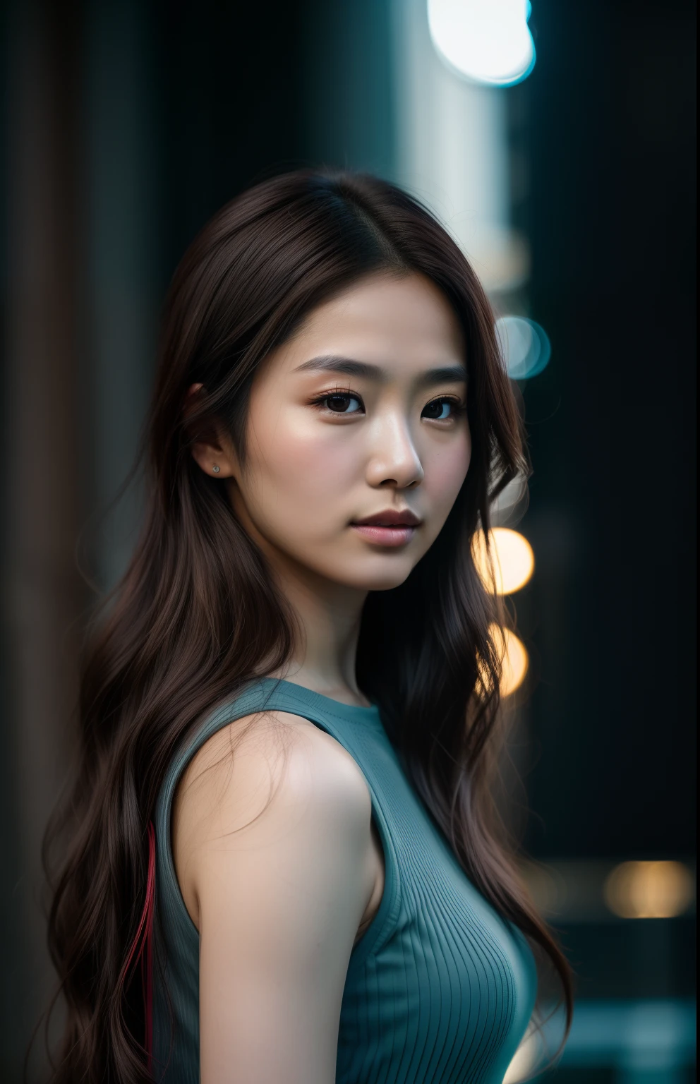Photo of a 25-year-old Chinese girl, primitive, Beautiful woman, (extra long wavy brown hair), ((Portrait)), ((Detailed face: 1.2)), ((Detailed facial features)), (Fine fine skin), Pale skin, Transparent clothing, BodyCon hasmat BodyCon Highly detailed deep neckline, megacity environment, (Cool colors), Damp, Damp, pondering, (Masterpiece) (perfectly proportions)(Realistic photo)(Best quality) (Detailed) shot on a Canon EOS R5, 50mm lens, f/2.8, hdr, (8K) (the wallpaper) (Cinematic lighting) (Dramatic lighting) (Sharp focus) (Intricate)