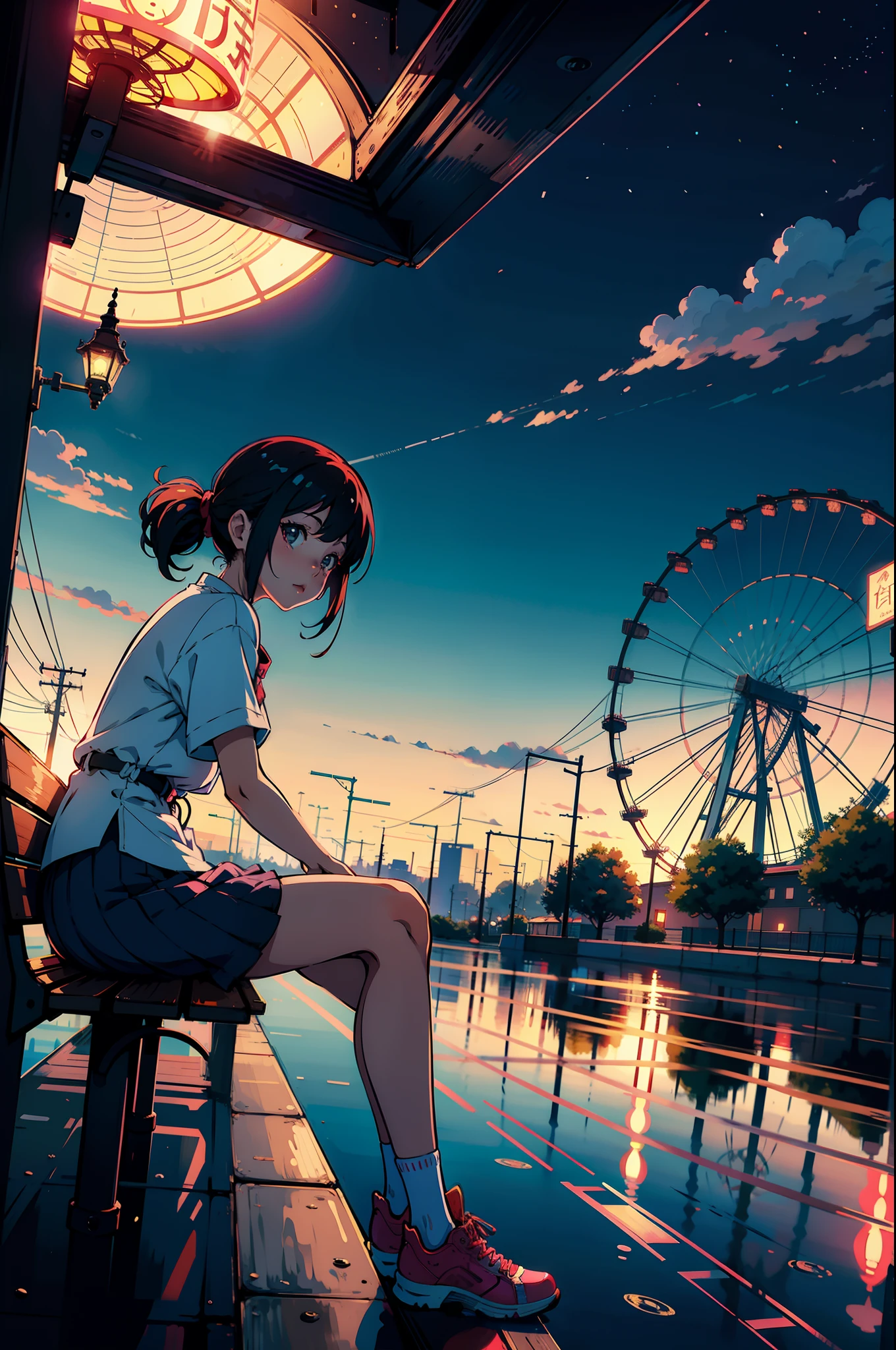 anime girl sitting on a bench with a ferris in the background, anime aesthetic, anime vibes, anime asthetic, artwork in the style of guweiz, lofi artstyle, amusement park, lofi girl, anime style illustration, ilya kuvshinov landscape, beautiful anime art style, anime style 4 k, lo fi, anime artstyle, guweiz