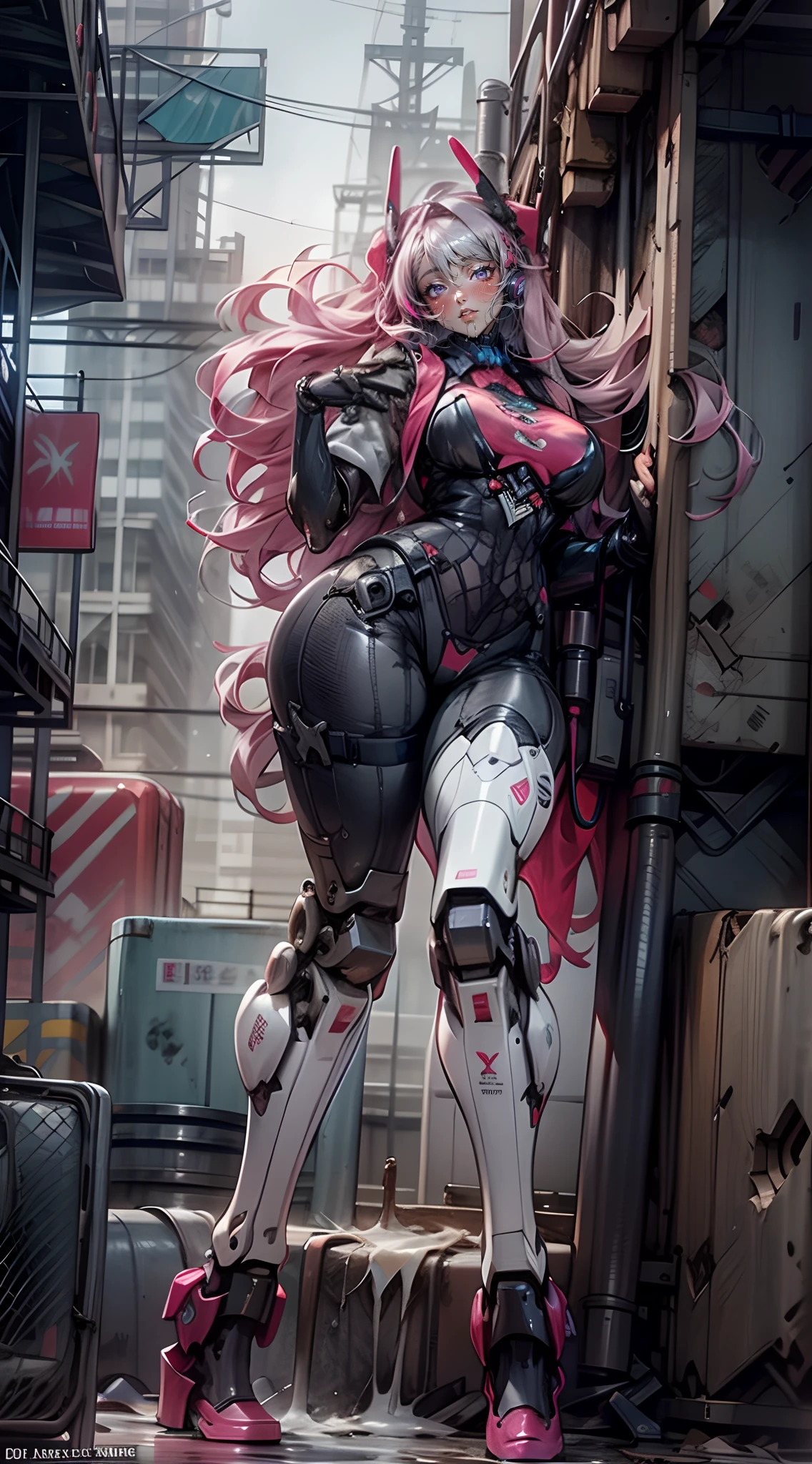 scantily clad，Thick mech，In pink，red colour，black in color，white colors，purpleish color，Lots of detail，Mix and match，metalictexture，Ruined city，Dirty streets，Combat damage mech，Full body like，Huge bust，Take to the skies，nakeness，Large amounts of colored liquid