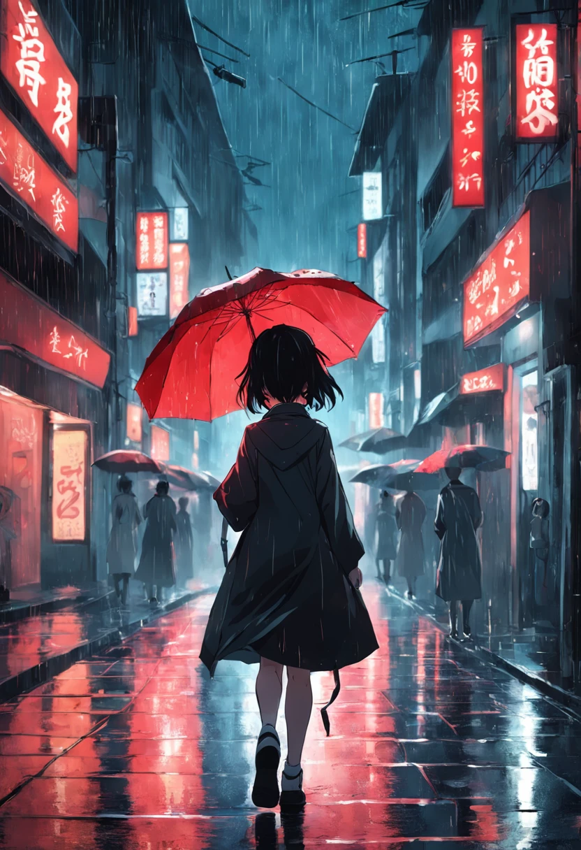 Kizi, Walking down the street with an umbrella in the rain, Black and white picture,A small amount of red is required