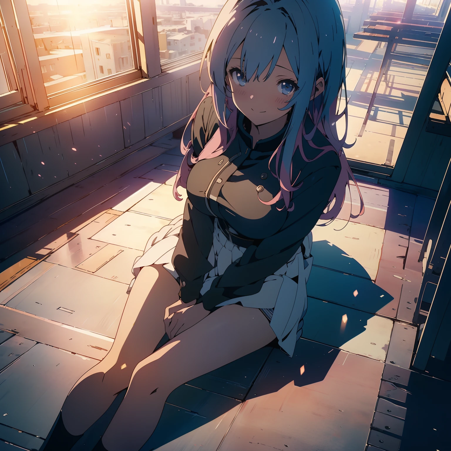 ((unity 8k wallpaper ,Top quality, masterpiece, high resolution, sitting on the ground, blushing, very delicate and beautiful, anime style))((seductive smile)),1girl,full body,looking at viewer,from above,classroom,sunlight,clear sky,20years old,big round breasts,