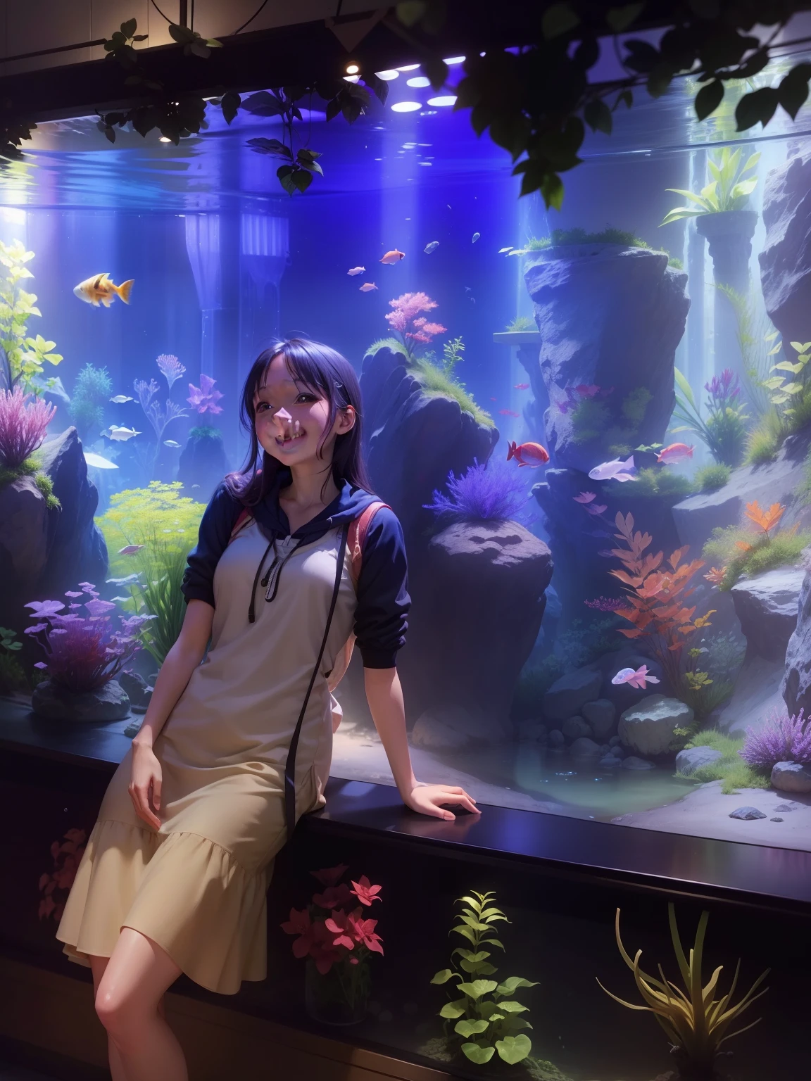 A girl happy face backround aquarium high definition at 4k resolution with highly-detailed facial features and anime-style visuals