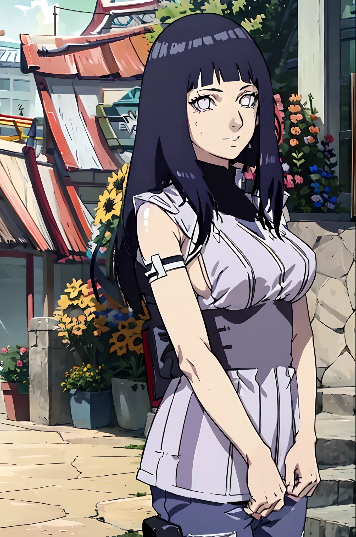 (((Meisterwerk))), HinataHyuga, flush, smil, 1girls, nur, Lange Haare, Blick auf den Betrachter, big boobs, schwarzes Haar, lila Augen, al fresco, Himmel, sleeveless, lookback, stumpfer Pony, white eyes,  Nordeuropa,tanktop,skinny jeans