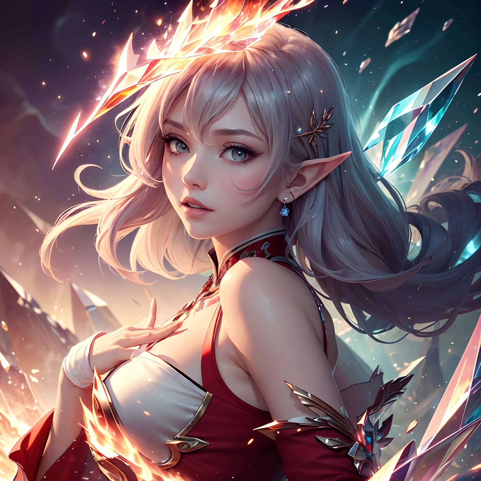 (masterpiece, top quality, best, official art, beautiful and aesthetically pleasing, long exposure: 1.2), smooth movement, charming patterns, 1 girl, (long dress with sleeves: 1.3), (((red dress) )), upper body close-up, bare shoulders, Chinese girl, blush, black lob hair, portrait, solo, upper body, looking at the observer, detailed background, detailed face, (crystallineAI, crystalline theme:1.1), elemental fire elf, rotation fire, control fire, ruby clothes, dynamic pose, floating particles, ethereal dynamics, fire, vapor, magma in the background, red tint, volcano, ethereal atmosphere, --auto
