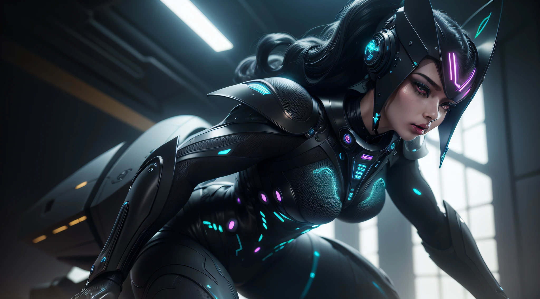 ((Best quality)), ((masterpiece)), (detailed: 1.4), (Absurd), War-ready female fighter pilot with military helmet, full body, marine, dark skin, defined muscular sculptural body, whole body, bare half-thick thighs, closed mouth, muscular body covered in technological clothing, neon evangelion, semi nude, generous neckline, ((perfect medium breasts)), (super light blue eyes without pupils),  ((military camouflage clothing)), (((short black)))), long eyelashes heavy makeup, garter belt, by mucha, niji --V5, close to real, psychopathic, crazy face, sexy pose, background with a giant neon style Robot head Genesis evangelion, 2 piece clothing, shoulder pads with airplane wings, pastel, centered, scale to fit the dimensions, HDR (High Dynamic Range),Ray Tracing, NVIDIA RTX,Super-Resolution,Unreal 5,Subsurface Dispersion, PBR Texture, Post-processing, Anisotropic filtering, Depth of field, Maximum clarity and sharpness, Multilayer textures, Albedo and specular maps, Surface shading, Accurate simulation of light-material interaction, Perfect proportions, Octane Render, Two-tone lighting, Wide aperture, Low ISO, White balance, Rule of thirds, 8K RAW, crysisnanosuit