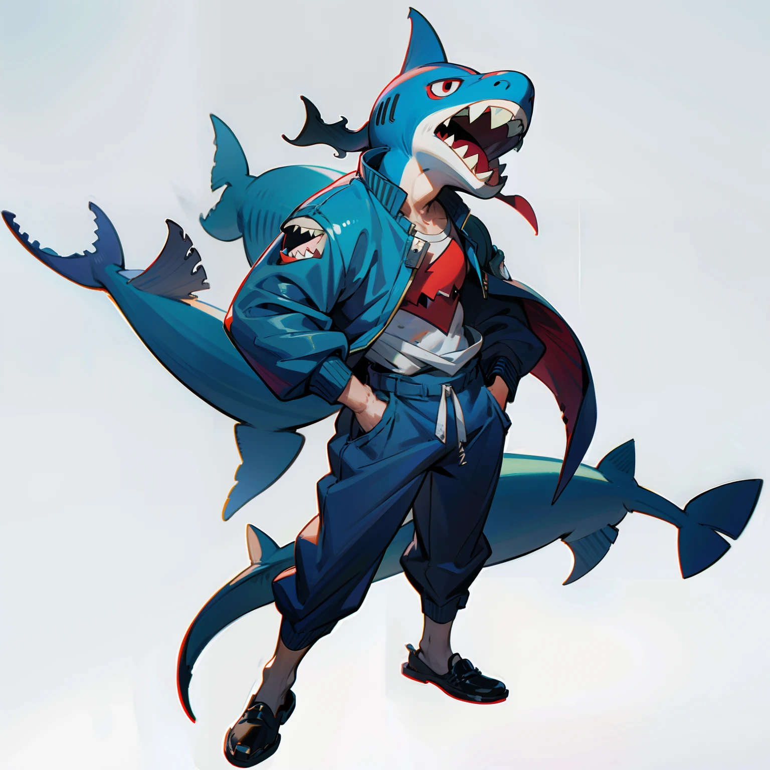 masutepiece, Best Quality, Full body shot, No background, White background, loan shark, Man's,  shark face, muscular,
