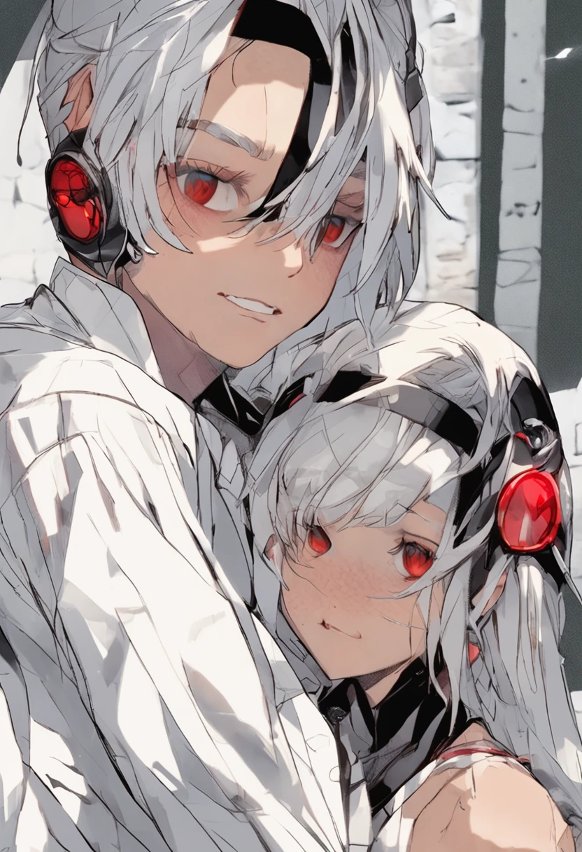 White hair, bandages on the left side of the face, red right eye,outstanding,20~26years old