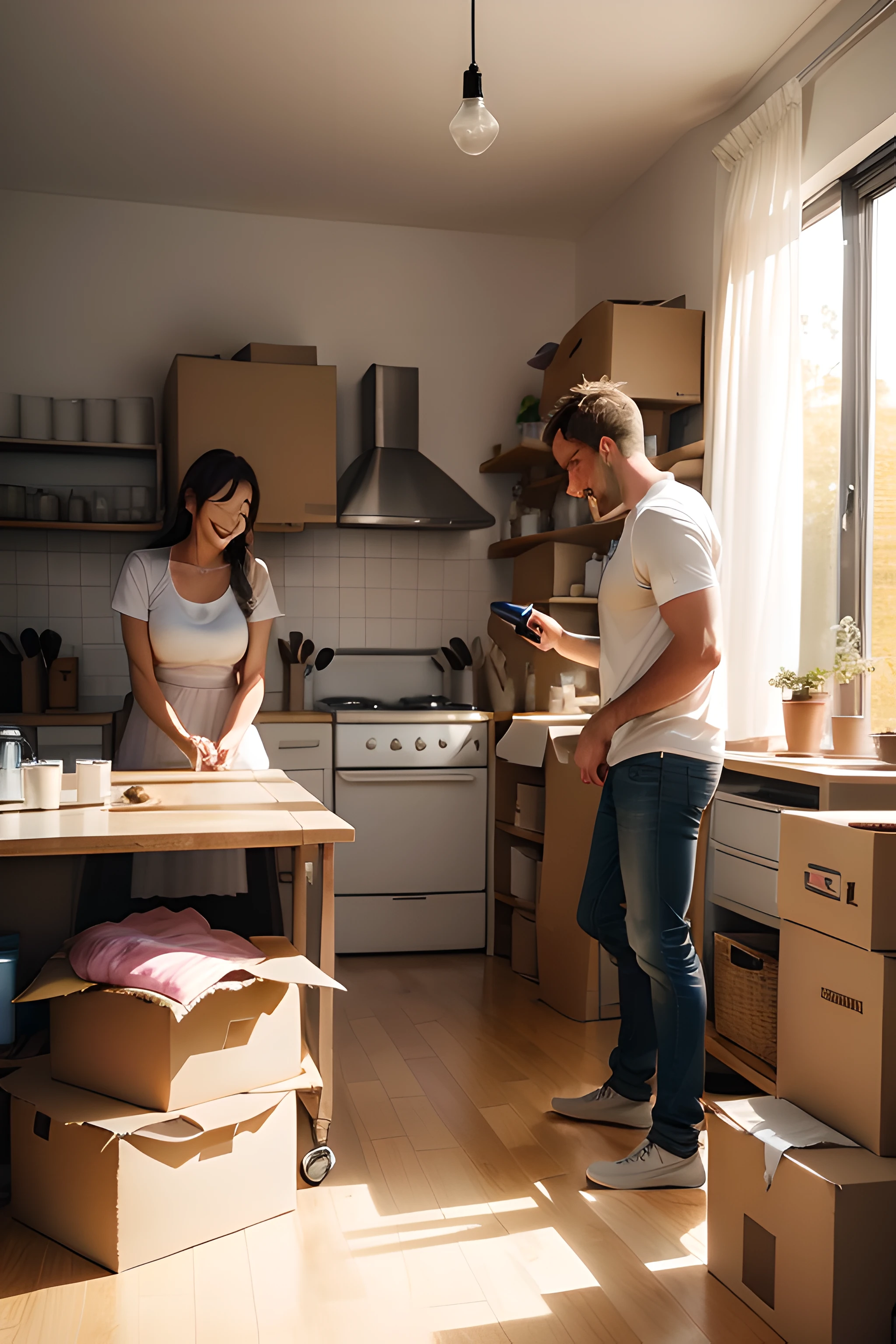 A smiling man is changing a light bulb, and several tired-looking women are in the kitchen sorting things out of cardboard boxes. There are some empty cartons in the corner of the picture