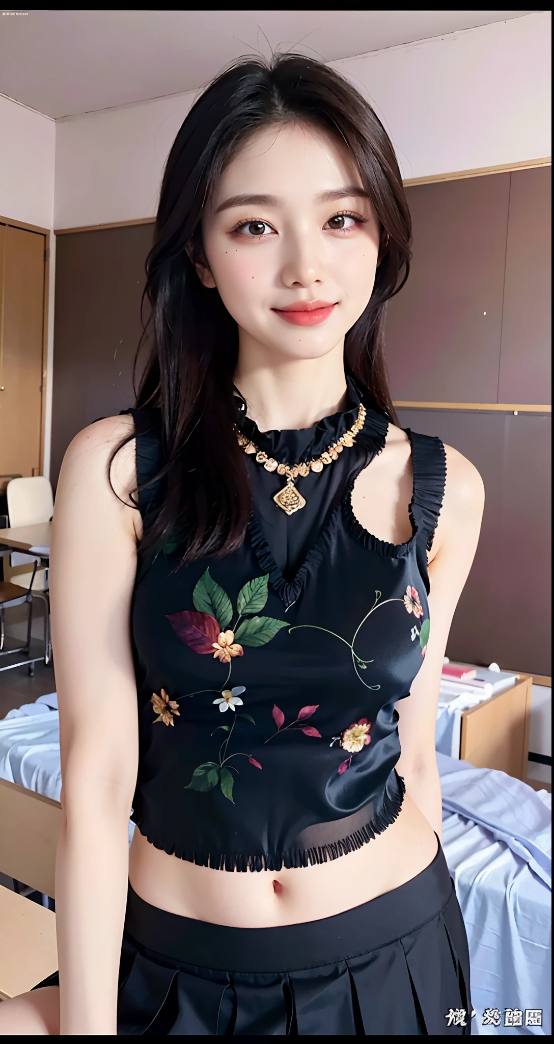 (((Medium hair))), best qualtiy, 8K, hdr, A high resolution, absurderes:1.2, blur backgroun, Background bokeh:1.2, photography of, (RAW photo:1.2), (真实感:1.4), (Masterpiece:1.3), (complexdetails:1.2), 1girll, 独奏, japanaese girl, delicated, Beautiful detailed, (Delicate double eyelids), (Detailed facial features), Bigboobs, (((Large breasts))), Skin Firm, (Looking_at_peeping at the viewer), From_Front, (being thin),(best qualtiy:1.4),(超A high resolution:1.2),cinematic lighitnglamplight,(Extremely detailed illustration),(Gloss on lips,best qualtiy,超A high resolution,depth of fields,Caustics,Extensive illumination,naturalshadow,85mm, f/1.4, iso 200, 1/160s:0.75),1girll, Solo, (((Silk vest))) Smile, ((silk garment,pleatedskirt,Classroom))