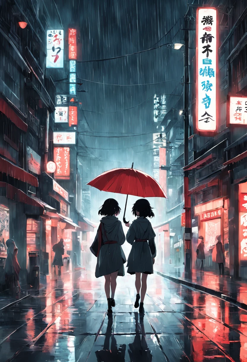 2 women, Walking down the street with an umbrella in the rain, black and white picture，A small amount of red is required