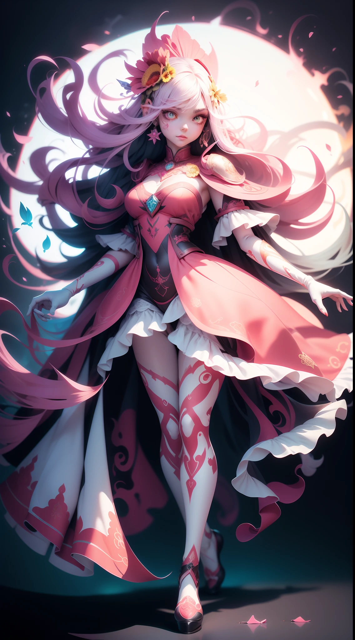 Rose flower monster, full body, red white and pink tone palette, Front view, attack posture, fierce look.