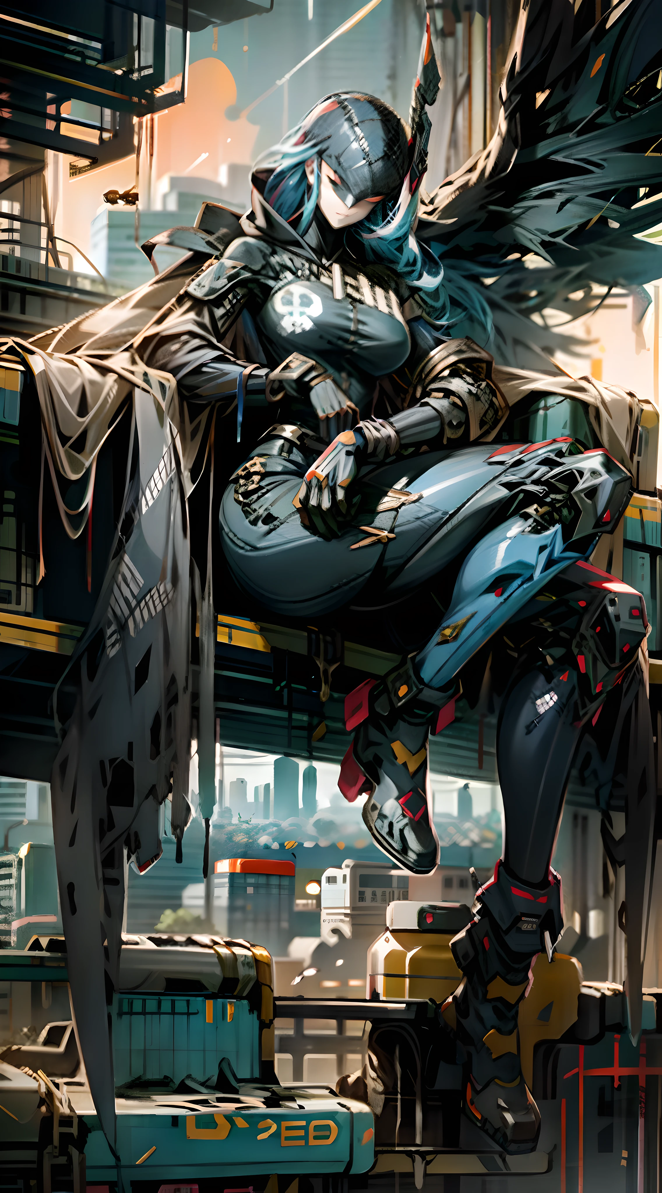 A scantily dressed woman，Thick mech，Lots of detail，Mix and match，metalictexture，urban backdrop，Combat damage mech，Above the city，looking over city，Punch，Evil smile，Huge breasts，Large amounts of colored liquid，flying into the sky，Full body like， woman，Flame it up，Casual pose，Sitting down，Sitting on the steps