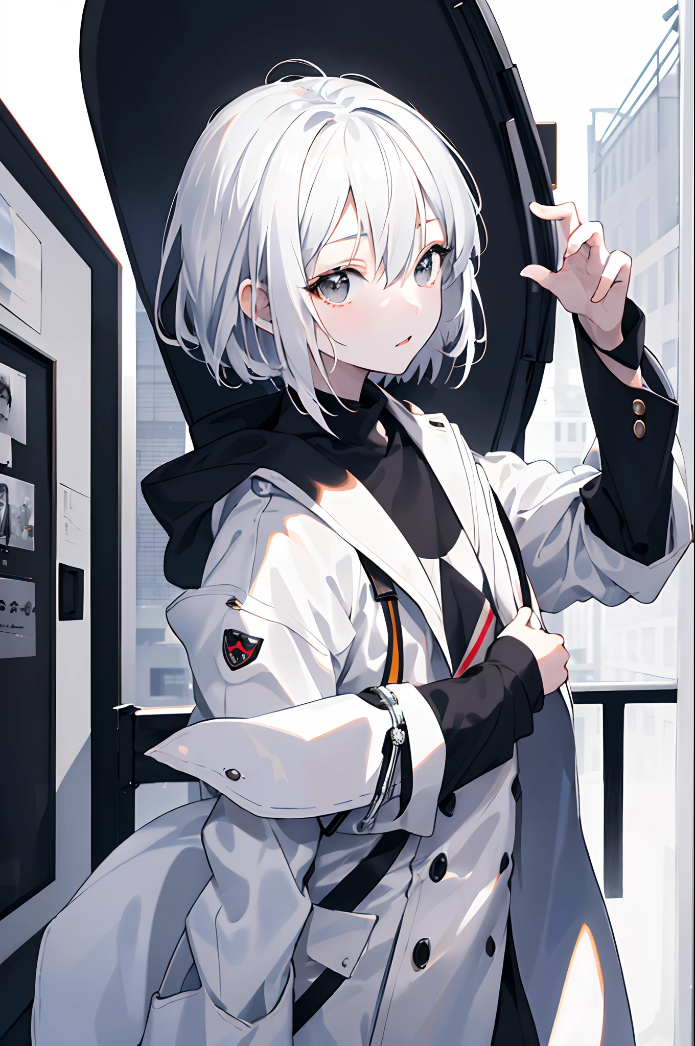 Masterpiece, Best Picture Quality, (Realism, Realism: 1.37), Suyu, 1girl, Short White Hair, Trend, Black and White Coat, Looking at the Audience,