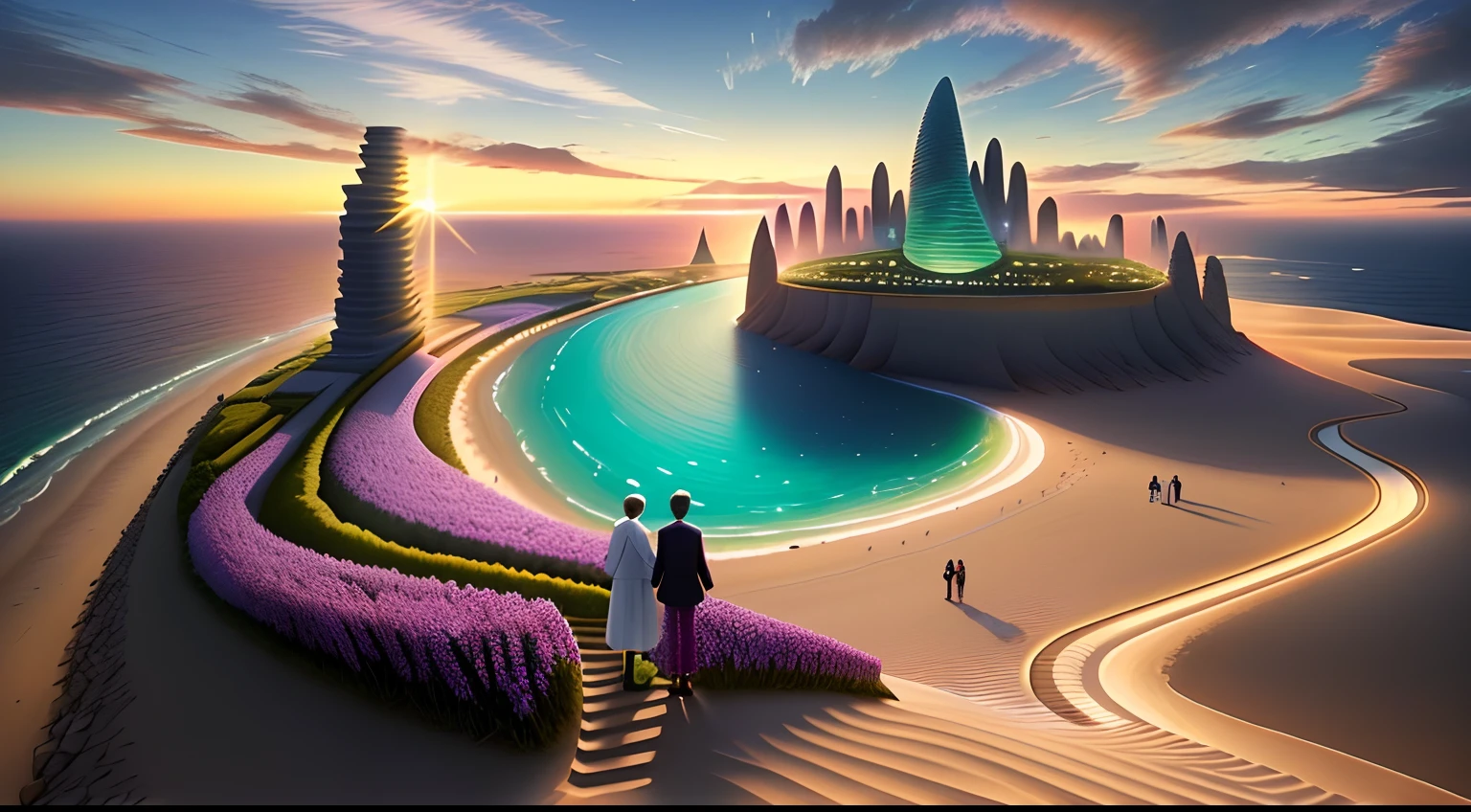 A group of people stand on a lush green hillside, A picture, inspired by Li Shan, dau-al-set, 2019 trending photo, The crowd prayed, going forward to the sunset, Observation deck, telegraph stickers, Taiwan, below is the crowd, 21:9, Big sky, Ben Ridgeway, Full width --iw 2