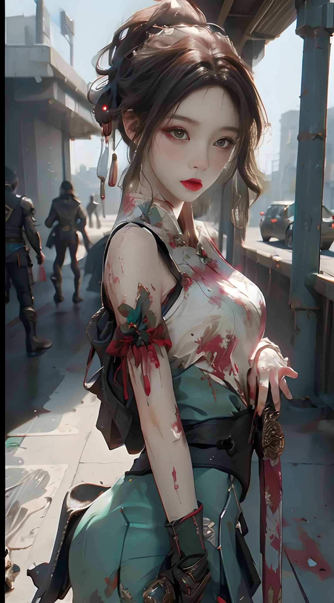((best qualtiy)), ((masterpiece)), (detaileds:1.4), 。.3D, female statue,nffsw(HighDynamicRange),War-damaged maiden,Facial Bloodstains,Facial Bloodstains,broken clothes,on cheongsam,broken clothes,hair messy,Arm injury,Long sword in hand,Facial expressions are fierce,Green eyes,raytrace,NVIDIA RTX,Hyper-Resolution,Unreal 5,Subsurface scattering、PBR Texture、post processed、Anisotropy Filtering、depth of fields、maximum definition and sharpness、multi-layer texture、Albedo e mapas Speculares、Surface Coloring、Accurate simulation of light-material interactions、Perfectly proportioned、Octane Render、Two-colored light、Large aperture、Low ISO、White Balance、thirds rule、8K Raw、