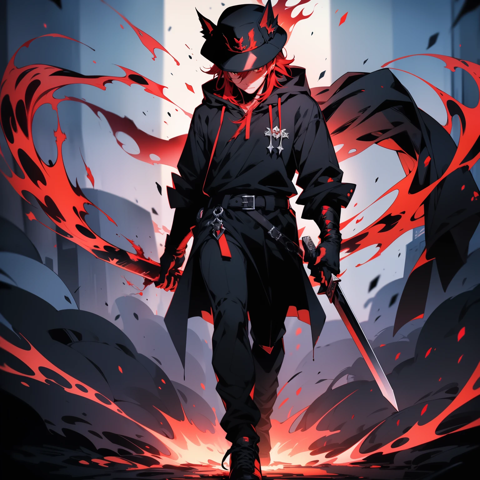 An anime boy，Long blood-red hair scattered，With black and red mask，With a black hat，The eyes glow with red flames，Wear a black robe，Wear metal gloves，With a blood-red sword，wears black shoes