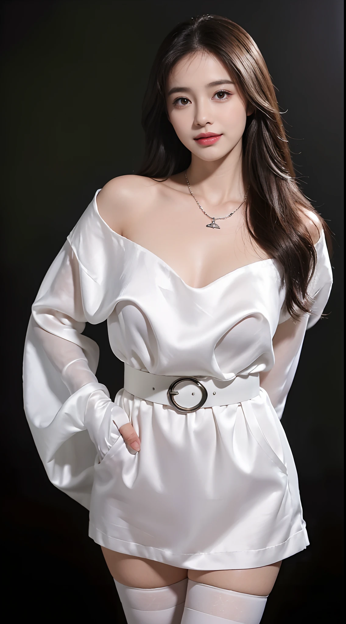 ((best qualtiy, 8K, tmasterpiece:1.3)), Focus:1.2, perfect figure beautiful woman:1.4, Cocked buttocks:1.2, ((exquisite long hair)) , (Interior black wall background), Highly detailed facial and skin texture, A detailed eye, 二重まぶた,Whiten skin,face fill light,ssmile,Wear a necklace,roleplaying, Wear silk packaging, Heavy makeup, Cloth belt, Messy head rough clothes, When dressing ,white stockings,solo person,Do not show your hands,hands behind body,Hide your hands
