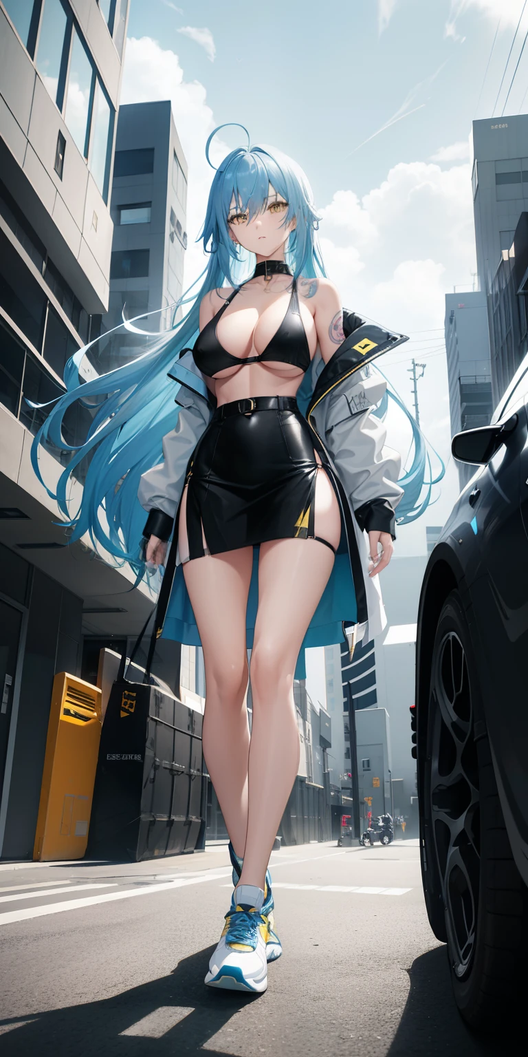 light blue hair, long hair, yellow eyes, black coat, short skirt, collarbone, bare back, big boobs, tattoo on neck, inside a building, black sport shoes, stocking, on top of motorcycle, looking at camera, close up camera