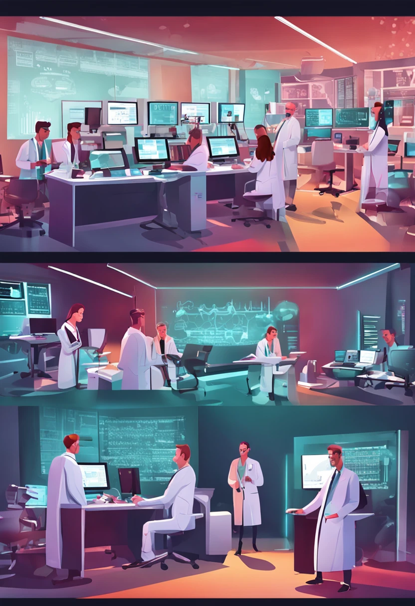 A modern laboratory setting with scientists in white coats conducting experiments and observing data on various screens.