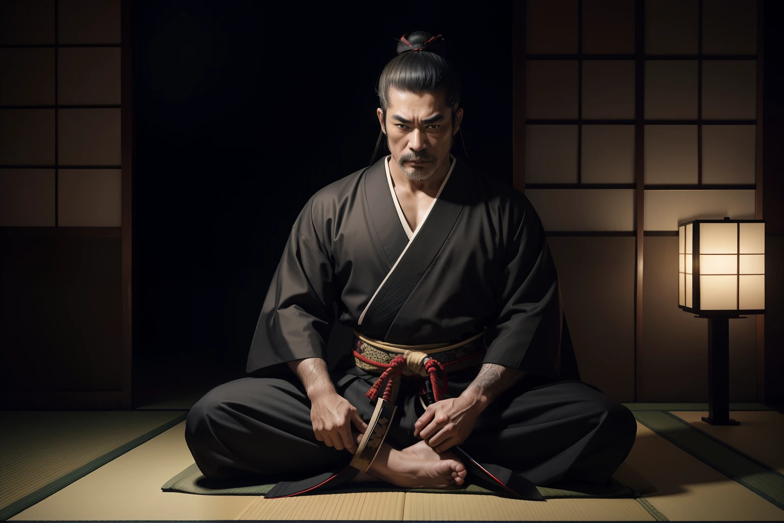 middle age man samurai, sits in a traditional Japanese pose, katana resting beside. hakama, sits atop a traditional Japanese cushion, topknot, in the night, serious face, white black core, nostalgic, 16k, radiosity, rendering, japan ink, intricate detail texture, smooth skin, masterpiece, super fine detailed, high contrast,