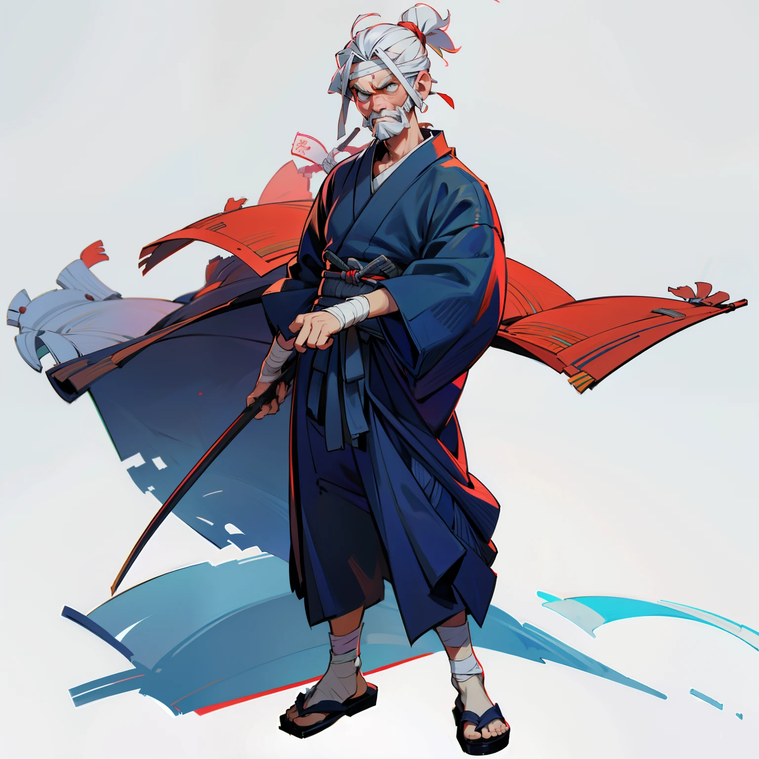 masutepiece, Best Quality, Full body shot, No background, White background, Man's, Samurai, Old Man, Kimono, bandages on both hands,