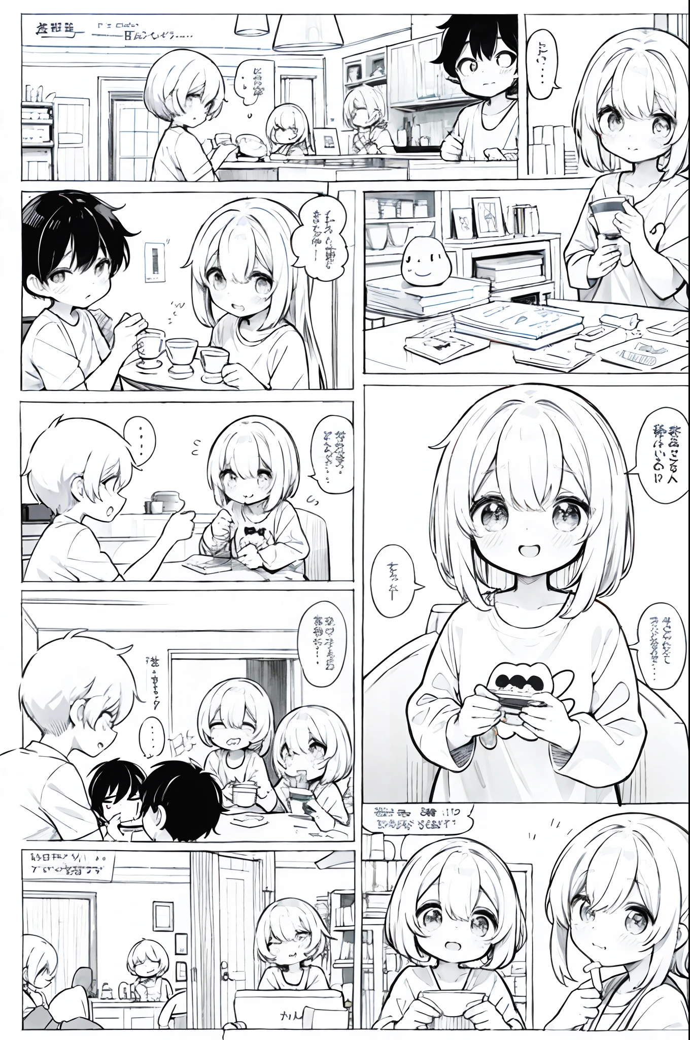 Multiple characters、comic strip、kawaii、blanche、girl with、daily、The story of eating breakfast、Laugh、Voice bubbles、masutepiece、top-quality