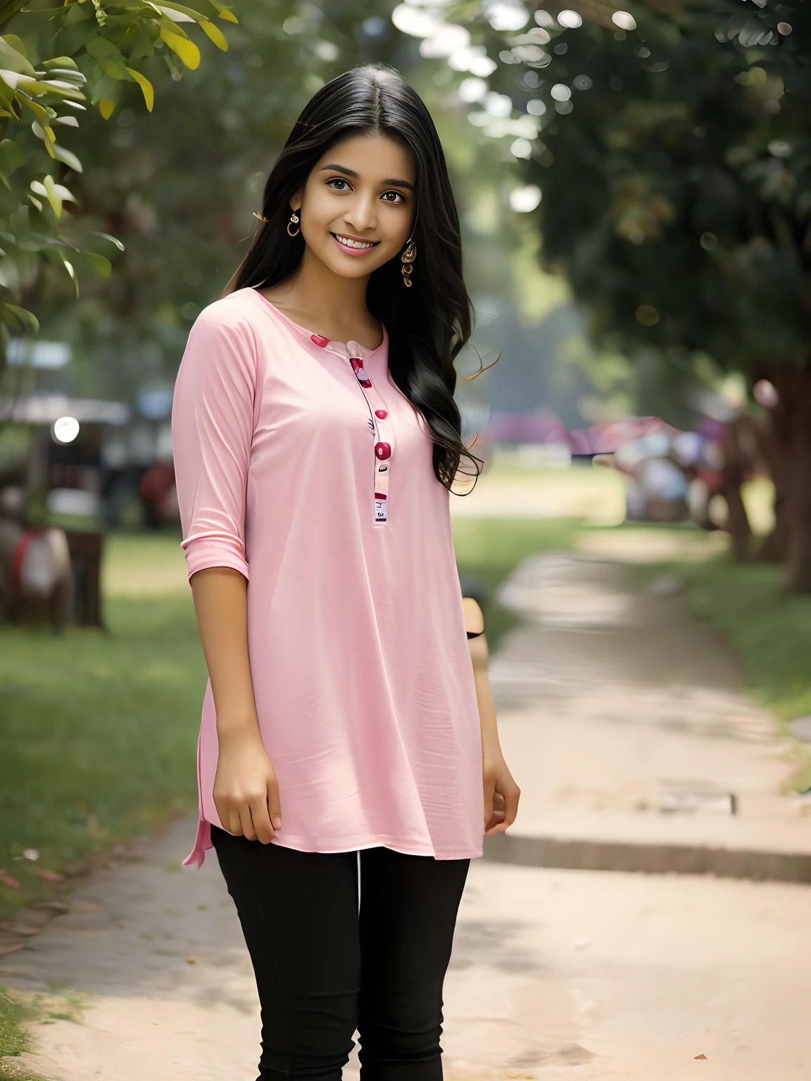 An 18 year old cute petit teen, beautiful Indian girl, fair skin, soft skin, glowing skin, cute face, wearing a pink kurti, black jeans and white sneakers , chest, sexy, innocent, small nose, black hair, perface cute smiling face, ,at a fest, ultra realistic, photorealistic,8K