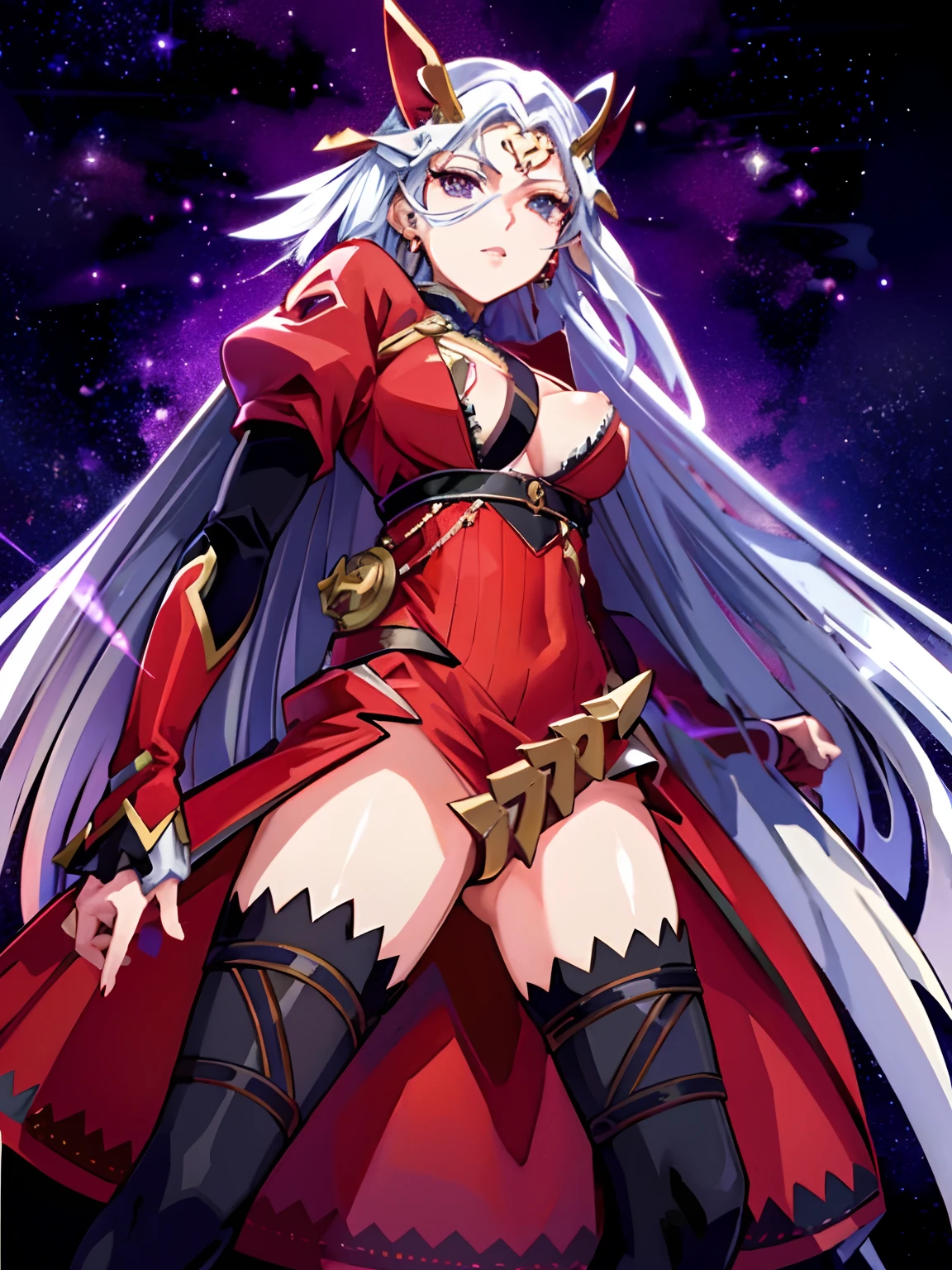 A woman in a red and white outfit standing in front of a purple background, Diosa del anime, Edelgard de Fire Emblem, Deidad de pelo blanco, Emblema de fuego de Edelgard, Anime visual de una mujer joven, Estilo anime como el destino/stay night, Personaje femenino de anime, vermillion, Dario Puia, highschool dxd, Arte clave del anime, Una mujer Berserker muy hermosa