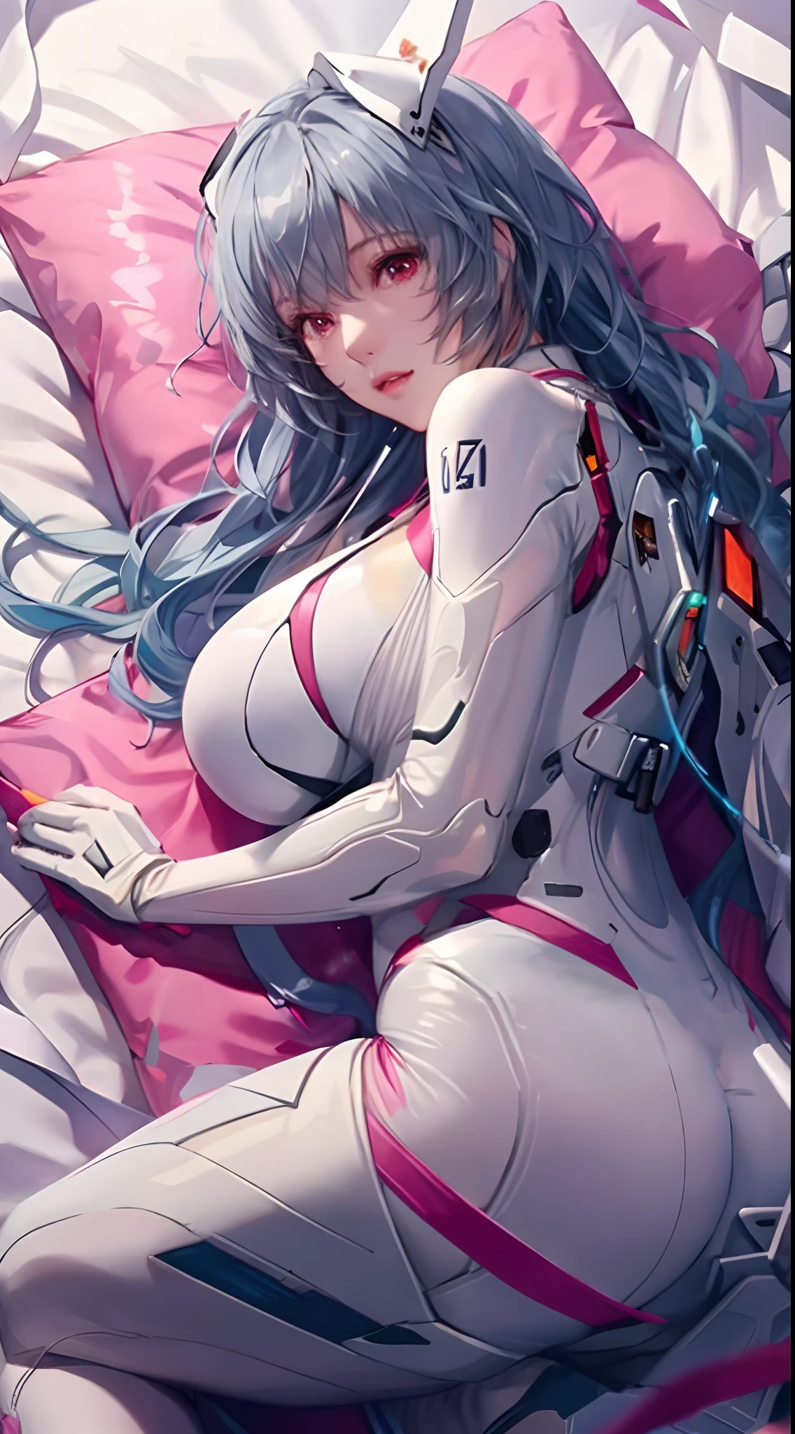 tightsuit,ayanami_Wang,By bangs、Light_Particle、interface_headsed、souryuu_asuka_langley,((( blue hairs,White combat uniform,White tights,looking at viewert, There is light in the eyes,))),(((Light and shadow interlace,white skinned,gigantic cleavage breasts,conservative clothing,Clothes wrapped around the chest,No flesh,The chest is tightly wrapped,Raised ,laughingly,self-assured,Lie down,from back,Plump butt))),Pink glowing clothes,The lighting of the play