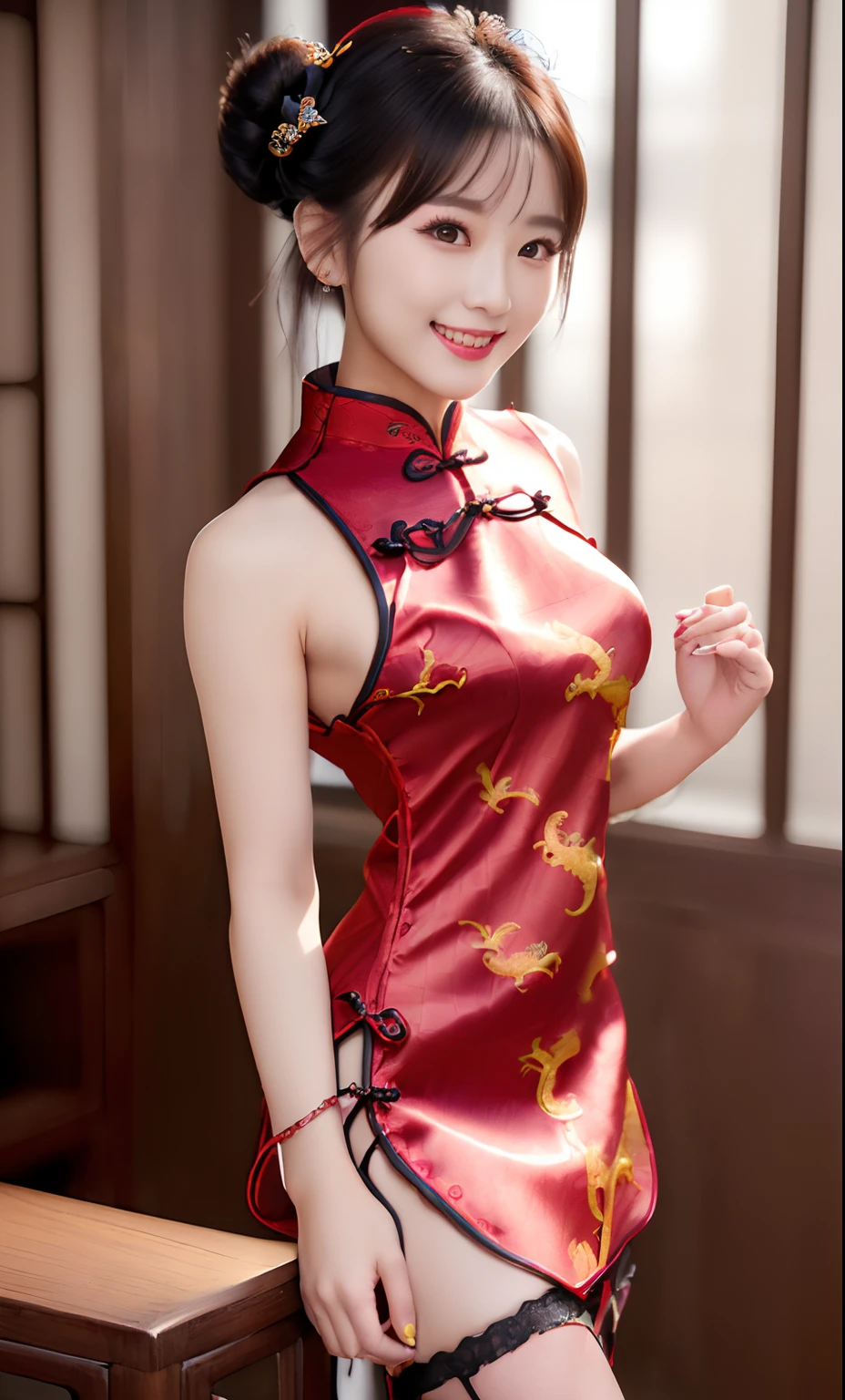 (ultra best quality、超A high resolution、８ｋ、​masterpiece:1.3)、Beautiful Women in Perfect Figure:1.4、、Black hair、((Cheongsam in fishnet stockings))、((((((No background)))))、kawaii、extremely detailed face and skin、Detailed eye、二重まぶた、Skinny Legs、The best smile、(((１a person)))、(Hands folded behind your back)、((The whole body is in the viewer))、The best smile、Extraordinary beauty、Age is 、Facing the front、perfectly proportions、((Cheongsam with dragon design))、Widened slit、length hair、Bun,