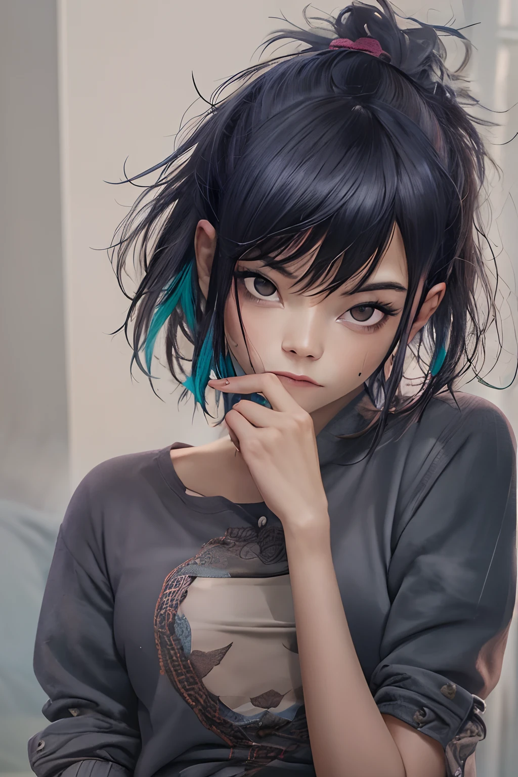 (masterpiece, best quality:1.2),  noodle (gorillaz), black hair, 1girl, short hair, streaked hair, black eyes, multicolored hair, looking at viewer,  bangs, solo, high quality fingers, normal hands, detailed fingers,masterpiece, (realistic, photo-realistic:1.37), (22 years old woman), medium breast, small waist, beautiful face, perfect illumination, beautiful detailed eyes,looking at viewer, stunningly beautiful woman, detailed hairstyle, detailed background,shorts, (sweat:1)