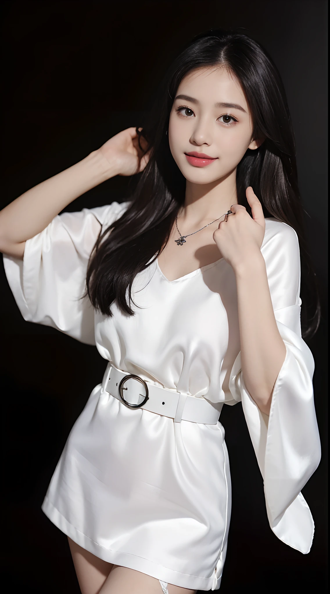 ((best qualtiy, 8K, tmasterpiece:1.3)), Focus:1.2, perfect figure beautiful woman:1.4, Cocked buttocks:1.2, ((exquisite long hair)) , (Interior black wall background), Highly detailed facial and skin texture, A detailed eye, 二重まぶた,Whiten skin,face fill light,ssmile,Wear a necklace,roleplaying, Wear silk packaging, Heavy makeup, Cloth belt, Messy head rough clothes, When dressing ,white stockings,solo person,Do not show your hands,hands behind body,Hide your hands