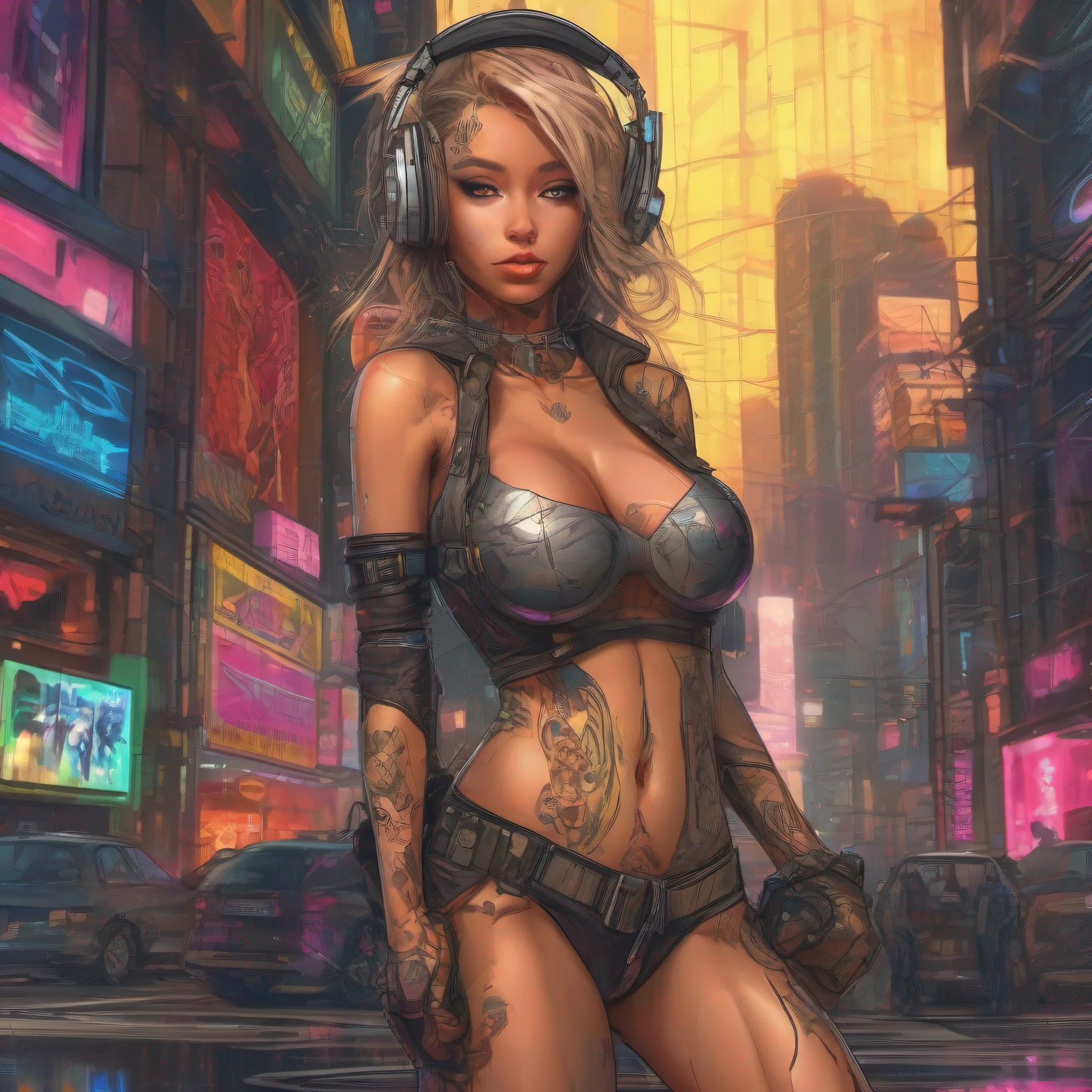 ((Cyberpunk art technique by Josan Gonzalez)), (Art inspired by the technique of Charles Lavesso) , NewYork beautiful Woman in cyberpunk street, ((Best masterpiece in the world)), art rich in colors, ((Realism)), (extremely beautiful girl: 1.5), mature, sexy blond woman, (very big breasts:1.7), (full body), (semi-naked girl), sexy pose, (Crisp face), (one eye is bionic), wearing headphones, random hair lock color, perfect body, strawberry mouth with shine, eyes symmetrical, seductive look, beautiful eyes ultra detailed and with brightness, makeup, perfect hands with 4 fingers and a thumb, full buttocks and rounded medium and laterally, protruding areolas, (pubic hair barely visible), piercing in the navel, tattoos on the body, tattoo style Irezumi, thin waist, tanned skin, shiny skin, hyper detailed skin with visible pores, small discolored body hairs, bionic, legging, (transparent crystal plastic top: 1.2), (transparent plastic bag), (transparent crystal plastic fabric), wet with sweat, (see through fabric), Cyber Punk style jacket, high heel shoes, ((Metropolises night city of Cyber Punk night background extremely detailed: 1.4)), cyber punk walking npcs, parked sport bikes, (billboards: 1.2), glass cover, disco, alley, beach, landscape, neon, wet floor, glow efect, (8k resolution: 1.2), (Canon EOS R6), Artstation trend, Lumen[, sharp, photorealistic art, Ray Tracing, (High Dynamic Range 10 plus), surrealism, shadow, stereogram, Lens Flare light, (hyper realistic light and shadow: 1.2)