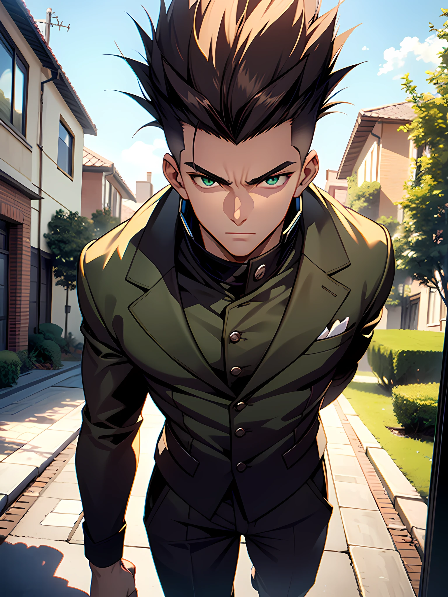 1boy, tall teenager, face focus, have beautiful green eyes, spiked hair, the body is well proportioned , his in the neighborhood, high resolution, ultrasharp, 8k, masterpiece, looking at viewer