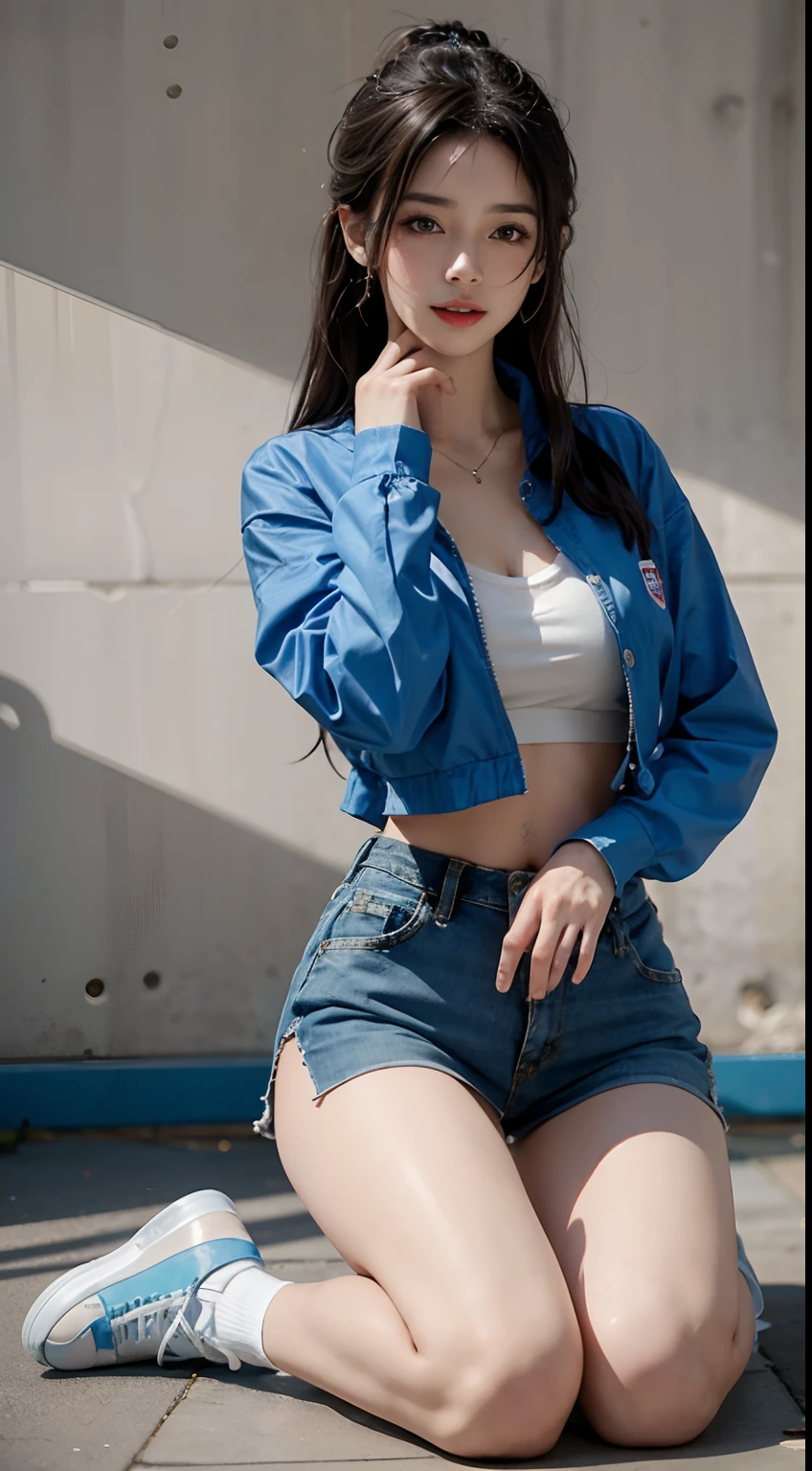 A girl, kneeling on the playground after school, (full body visible)), away from the audience. She is a beautiful, pretty, cute, cute, young, teenager. She is slim, slender, petite, thin, (big breasts), (big breasts), (big breasts). She was sweaty, wet, and drenched. The clothes are transparent, there is sweat on the skin, and the hair is wet. She grinned and smiled. She looks natural, relaxed and unpretentious. Scheming face. Make faces. (sticking out his tongue), telling a secret, hiding a secret, shyness, excitement. She stared at the audience. She wears a black ponytail. She wore a school uniform, a rolled up white shirt with a blue collar, a colored corduroy sports bra under the shirt, blue shorts, and two layers. Shirt lift,. Camera focused on her face, light shining on her face, very large aperture, ((f/1.2)), shallow depth of field, strong blur in background lens, ISO 3000, auto white balance, extremely detailed, professional lighting, soft light, raw photos, Uniqlo fashion models, best quality, masterpiece, award-winning photography, huge file size, 8k, high resolution, shot on Sony DSLR.