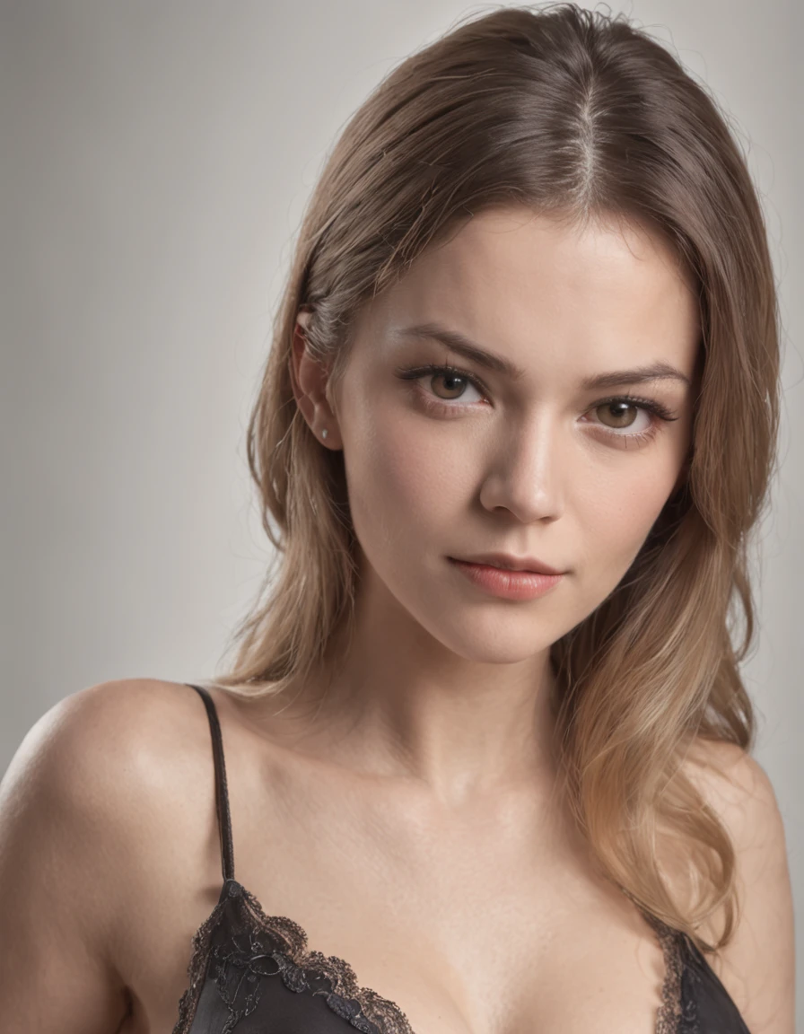 Photograph of a German woman. Fit face. 27years old, Sharp chin, Photography, RAW photo, Masterpiece,Big chest,disturb, extremely detailed photo, Digital SLR, Photorealistic 1.4, Super hi,It's nothing, Best quality, Full body picture, Tall, shades, Busty,Black and blonde mixed hair, shoulder-lengthhair,Wear erotic underwear,Slightly open legs