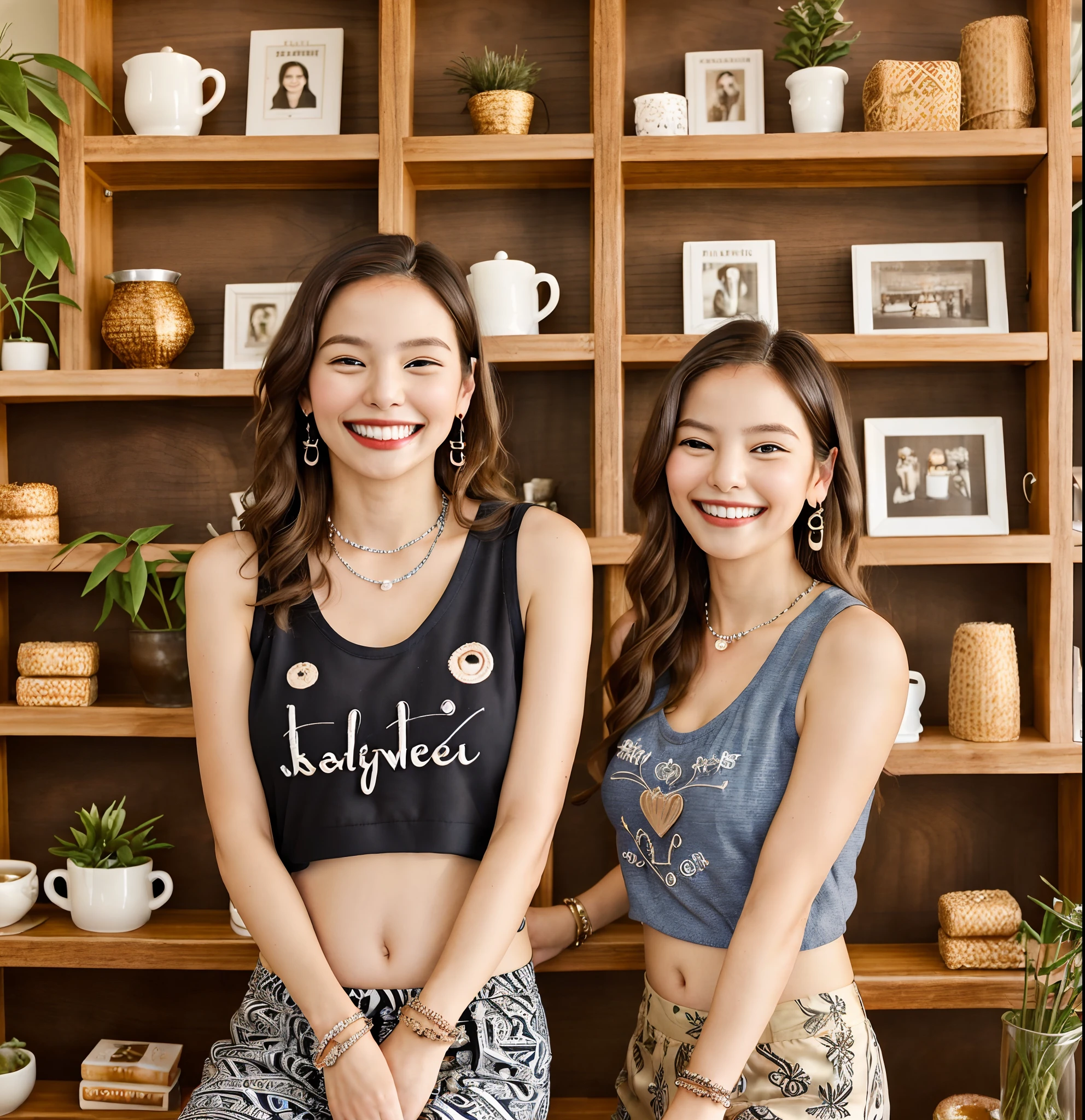 nsfw:2.0, (16k, masterpiece, photorealistic, very detailed, best quality, high quality, beautiful, high resolution, beautiful), a Japanese woman, (very small hands:1.5, ultra thin fingers:1.5),
(Background is Coffee Shop:1.5),
(large bust:1.8, cleavage:1.8, showing belly:1.5),
(looks at Audience:1.5, smiles lovingly:1.8), Happy eyes:1.8, happy smile:1.8,
(skin detail: 1.5, face detail, eye detail: 1.5, eyes shine, lips shine, hair glisten),
(photo includes head and bust: 1.5),
(Wearing a tank top with a wide open chest: 1.8, Wearing a tank top with a very cute design by a famous designer: 1.8, A tank top with a beautiful fabric pattern: 1.8, A tank top with a cute printed pattern: 1.5),
(Wearing Levis pants: 1.8, very cute designs from famous designers: 1.8, mini skirts with very beautiful embroidery from famous designers: 1.8),
(wear small jewelry earrings, wear pretty bracelets, wear pretty anklets), (wear pretty high heels),
wavy short hair,
(detailed background: 1.5),
The shop is decorated with interior tones of wood and greenery, creating a relaxed atmosphere. Inside the coffee shop, people of all ages and occupations gather to enjoy coffee, tea, cakes. behind the coffee shop is a bookshelf lined with novels, essays, magazines,