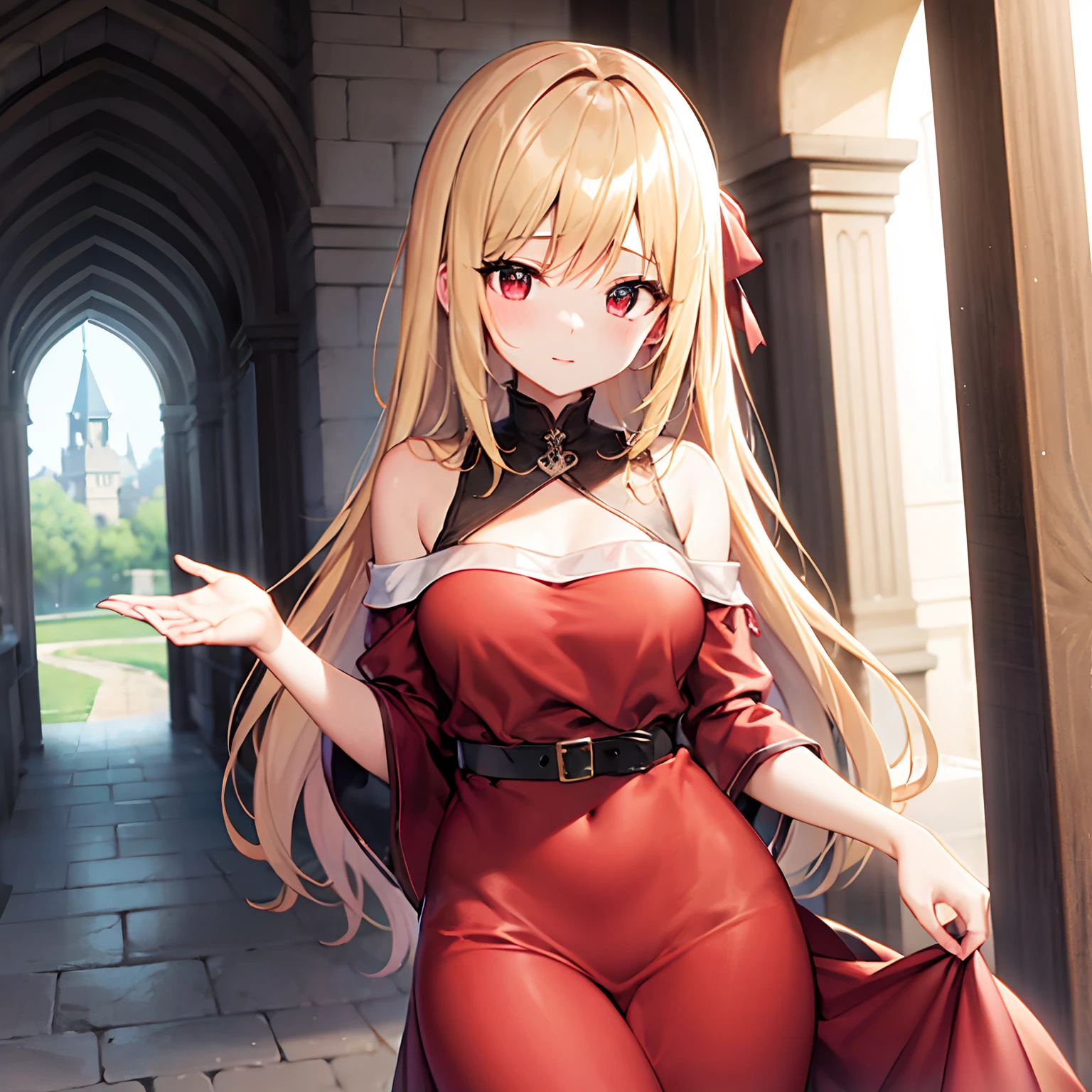a blond、red eyes、Beautiful girl alone、Red fluffy dress、off shoulders、Western-style castle