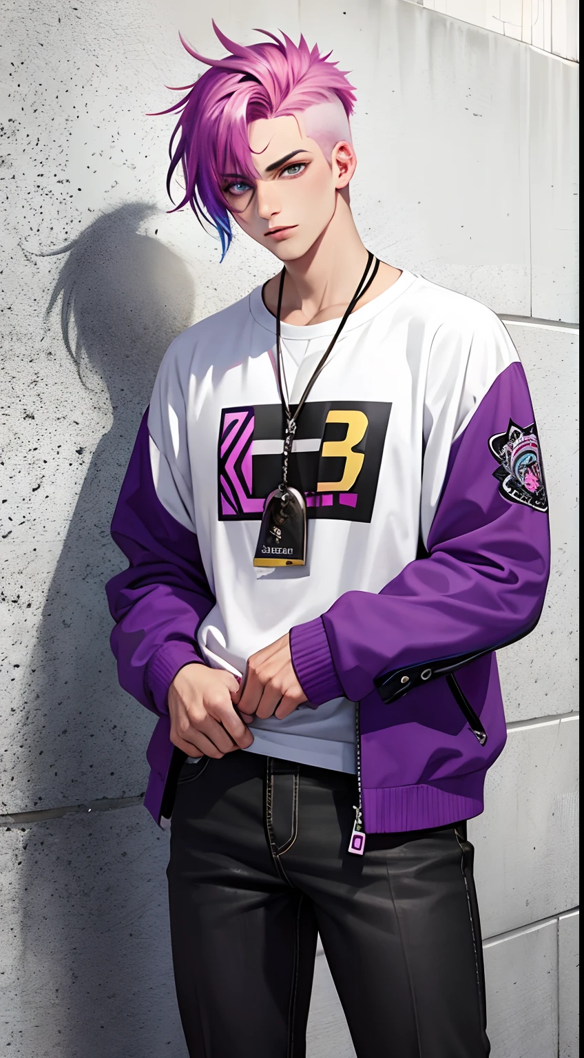 colorful,highest detailed, Young  Male with purple ombre  pink hair, Heterochromia colored eyes, handsome, casual clothes, beautiful serious eyes, gangster, punk hairstyle