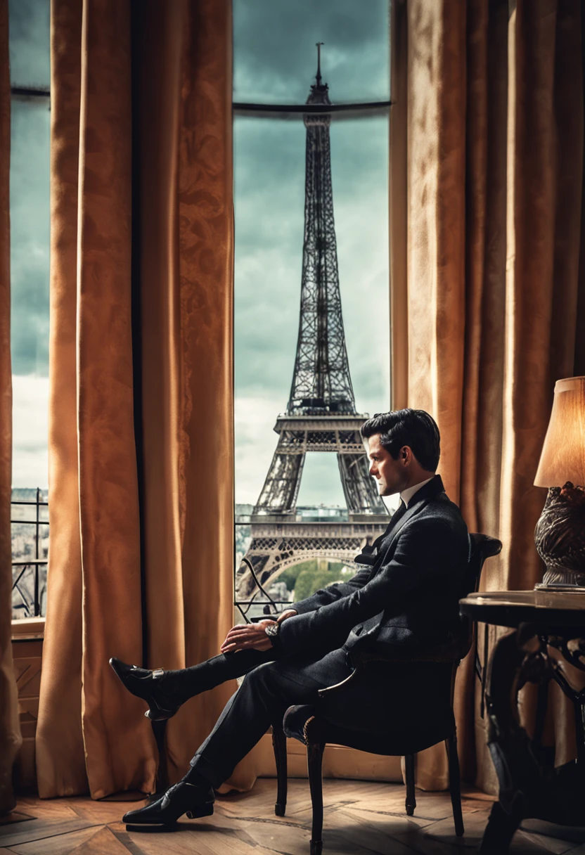 Photo RAW, a handsome magician young man, curly short black hair, wearing a luxurious black, sitting in front of a large window to the view of Paris Eiffla Tower, in a luxurious hotel