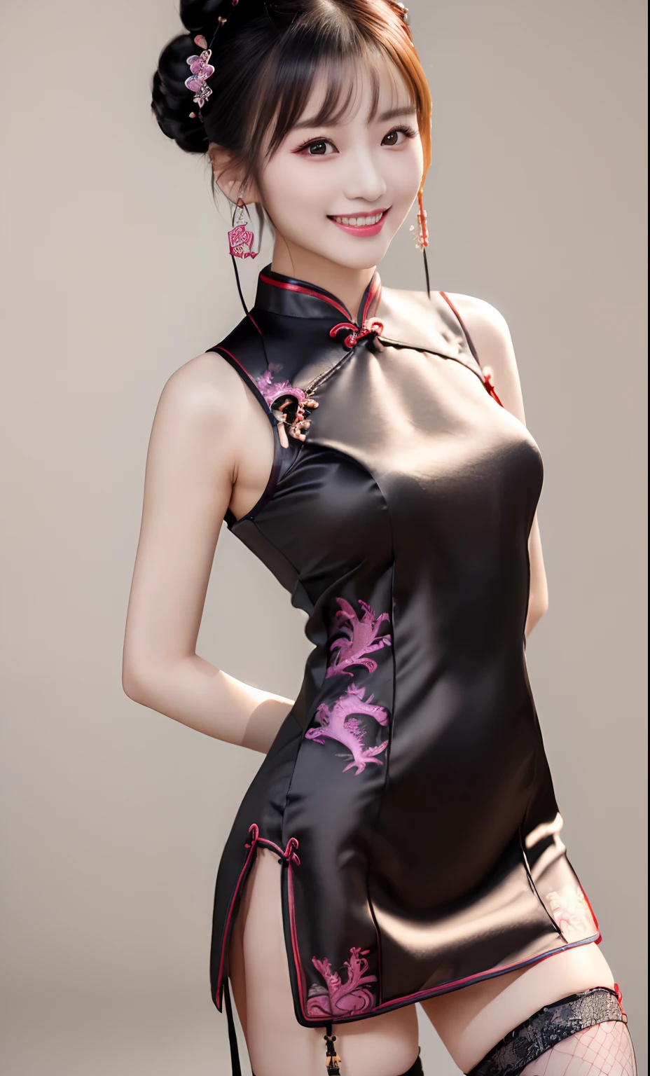 (ultra best quality、超A high resolution、８ｋ、​masterpiece:1.3)、Beautiful Women in Perfect Figure:1.4、、Black hair、((Cheongsam in fishnet stockings))、((((((No background)))))、kawaii、extremely detailed face and skin、Detailed eye、二重まぶた、Skinny Legs、Erotic、The best smile、(((１a person)))、(Hands folded behind your back)、((The whole body is in the viewer))、The best smile、Extraordinary beauty、Age is 16 years、Facing the front、perfectly proportions、((Cheongsam with dragon design))、Widened slit、length hair、Bun,