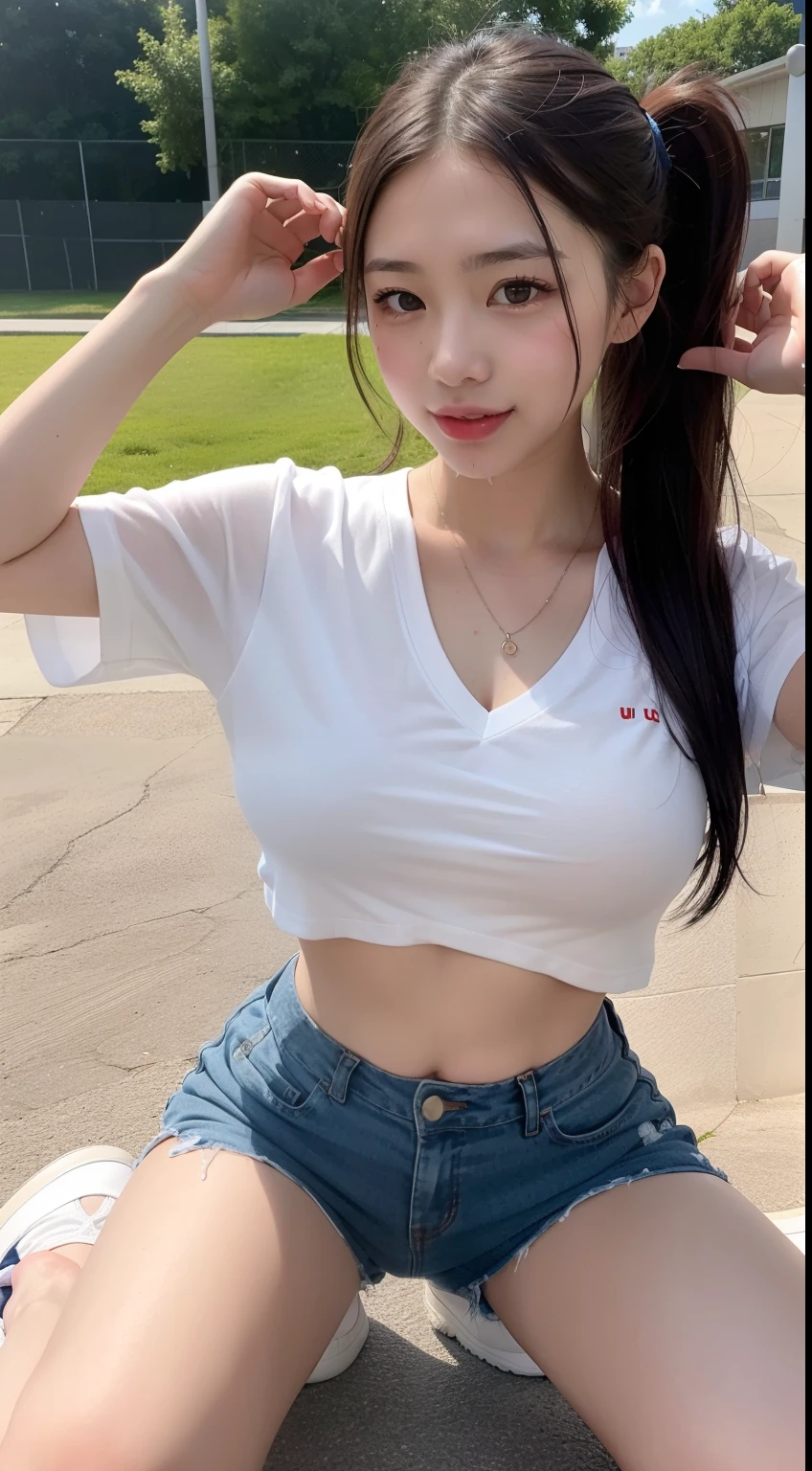 1girl in、30-years old、Beautiful breasts、tshirts、I can see the lower breasts、full body Esbian、Black hair shortcuts、Tight low-rise hot pants、Sunset Beach、sunlight、A slight smil、
